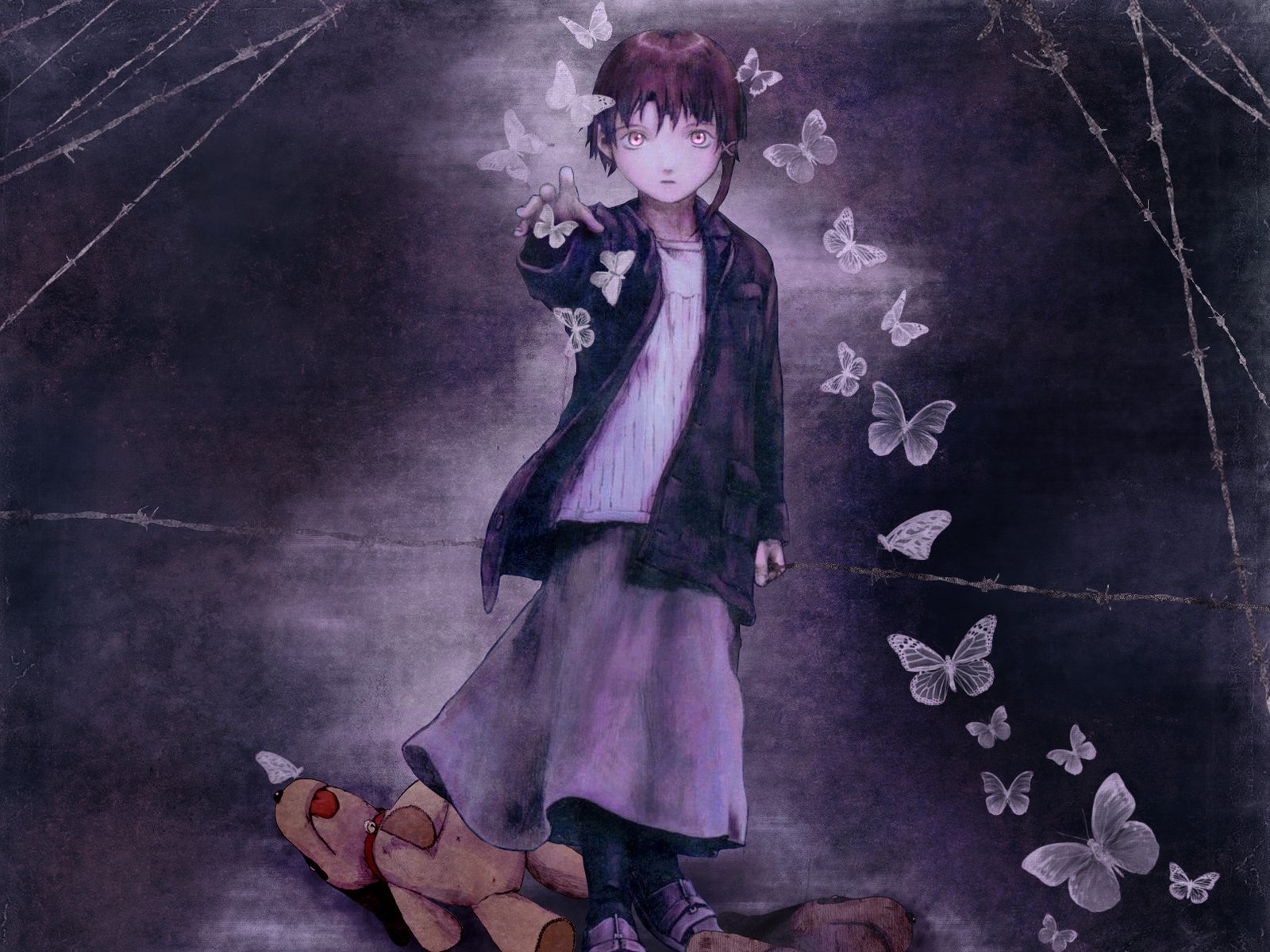 iwakura lain, serial experiments lain, highres, tagme, 1990s (style), 1girl, bug, butterfly, female focus, solo, standing