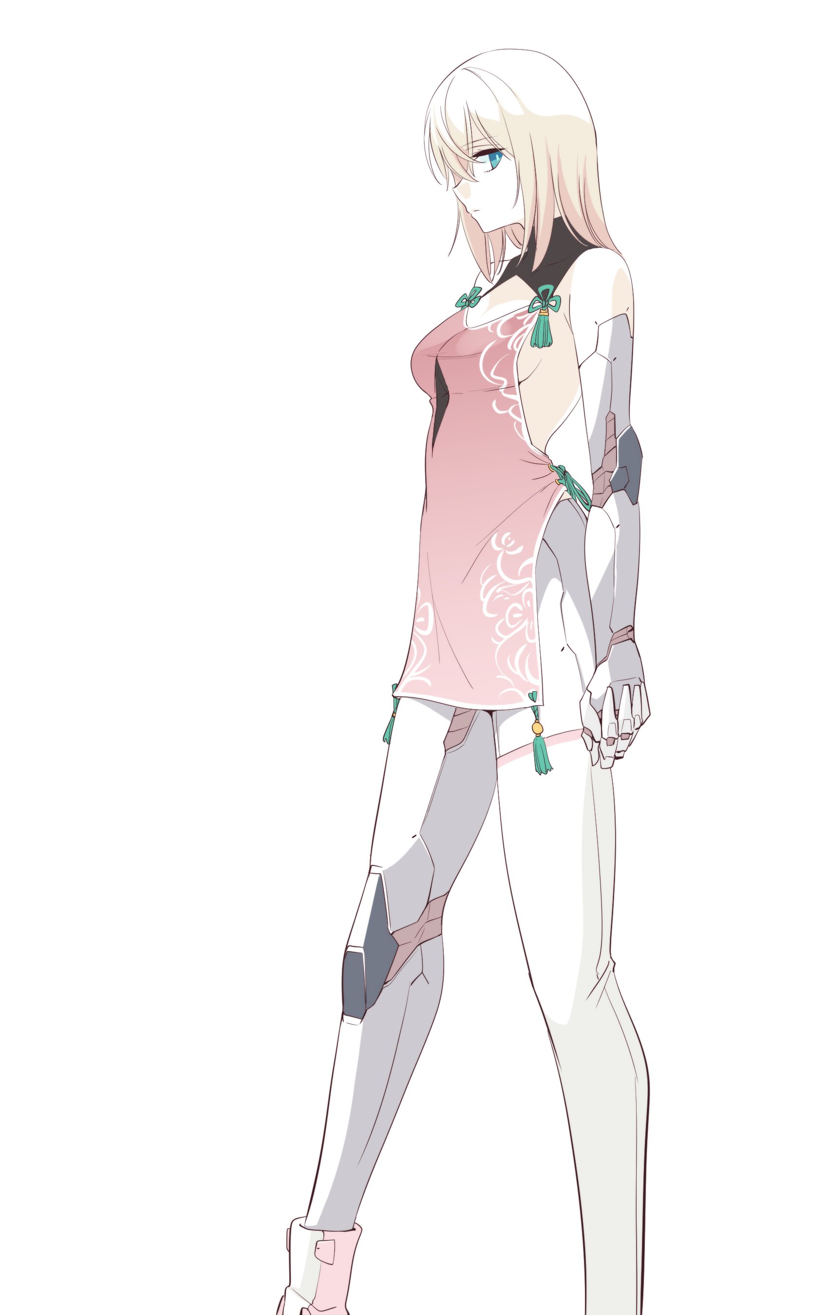 kato takuji, blau (mechanical buddy universe), mechanical buddy universe, absurdres, highres, 1girl, android, blonde hair, blue eyes, breasts, china dress, chinese clothes, dress, hair between eyes, high heels, joints, looking at viewer, mechanical arms, mechanical legs, robot joints, science fiction, short hair, simple background, white background
