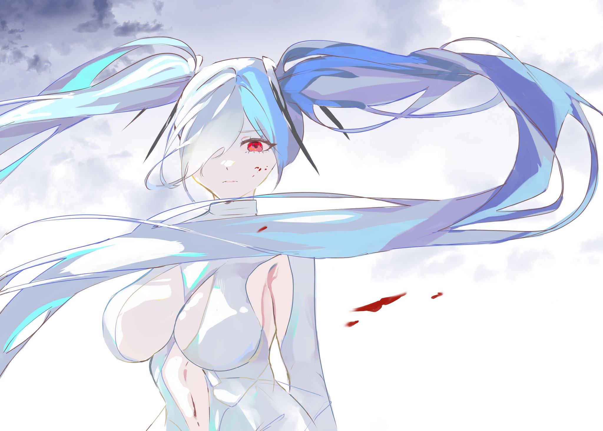 cinderella (nikke), goddess of victory: nikke, commentary, english commentary, highres, 1girl, blood, blood splatter, bodysuit, clothing cutout, grey hair, hair over one eye, navel cutout, one eye covered, red eyes, ruby shoes, solo, stomach cutout, twintails, upper body, white bodysuit