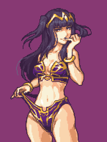 glaceo, shadowheart (baldur's gate), tharja (fire emblem), baldur's gate, baldur's gate 3, dungeons & dragons, dungeons & dragons, fire emblem, fire emblem awakening, nintendo, 1girl, bikini, bikini pull, black hair, bracelet, breasts, circlet, cleavage, clothes pull, cosplay, cowboy shot, highleg, highleg bikini, jewelry, large breasts, long hair, pixel art, pulling own clothes, purple background, purple bikini, shadowheart (baldur's gate) (cosplay), simple background, solo, swimsuit, tiara