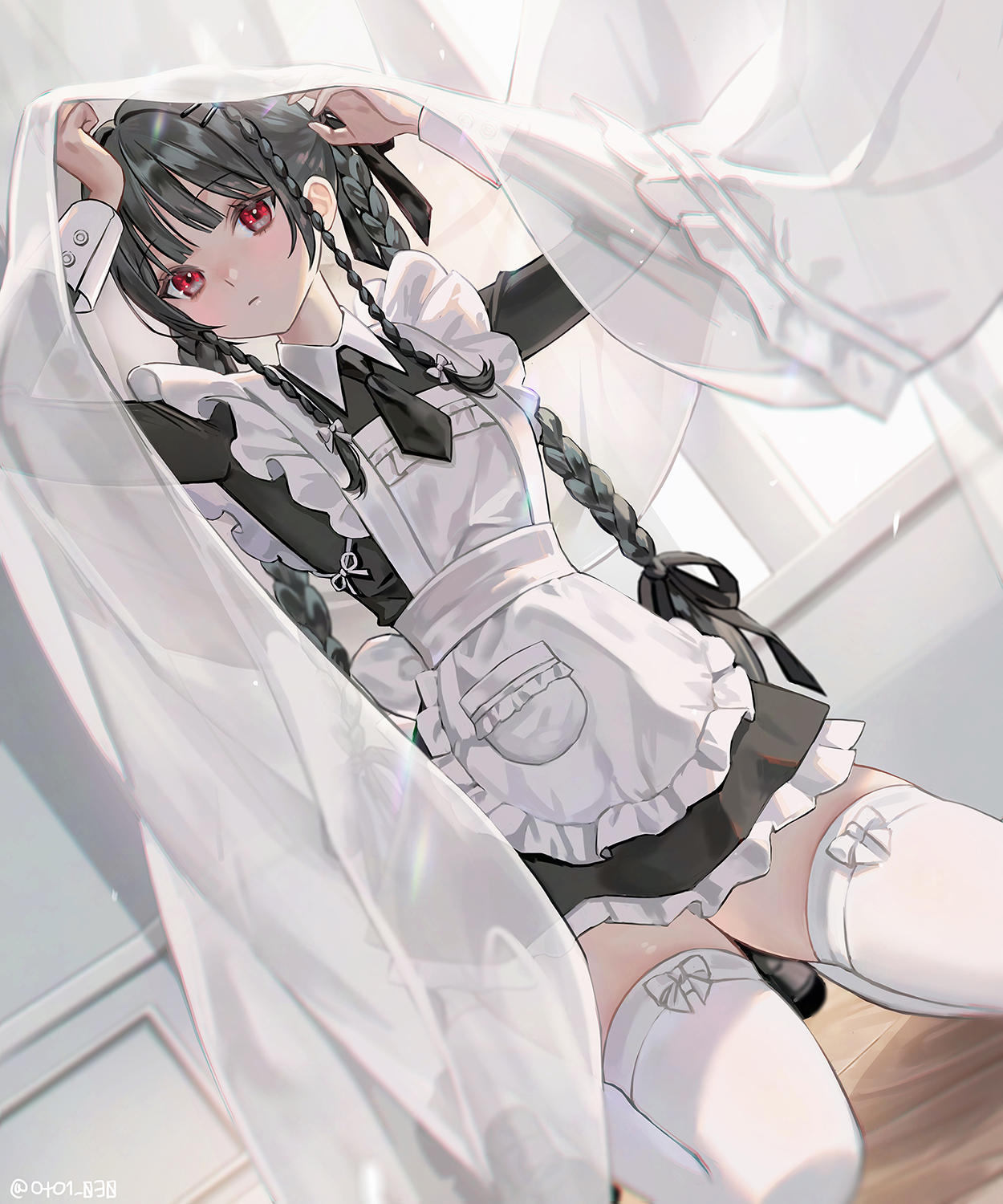 oto1 030, original, commentary, english commentary, highres, 1girl, black hair, black necktie, blush, bow, braid, braided sidelock, breasts, closed mouth, curtain grab, curtains, expressionless, frills, hair bow, hair intakes, kneeling, long hair, long sidelocks, long sleeves, looking at viewer, maid, necktie, red eyes, seiza, sidelocks, sitting, small breasts, solo, thighhighs, thighs, twin braids, white thighhighs, zettai ryouiki