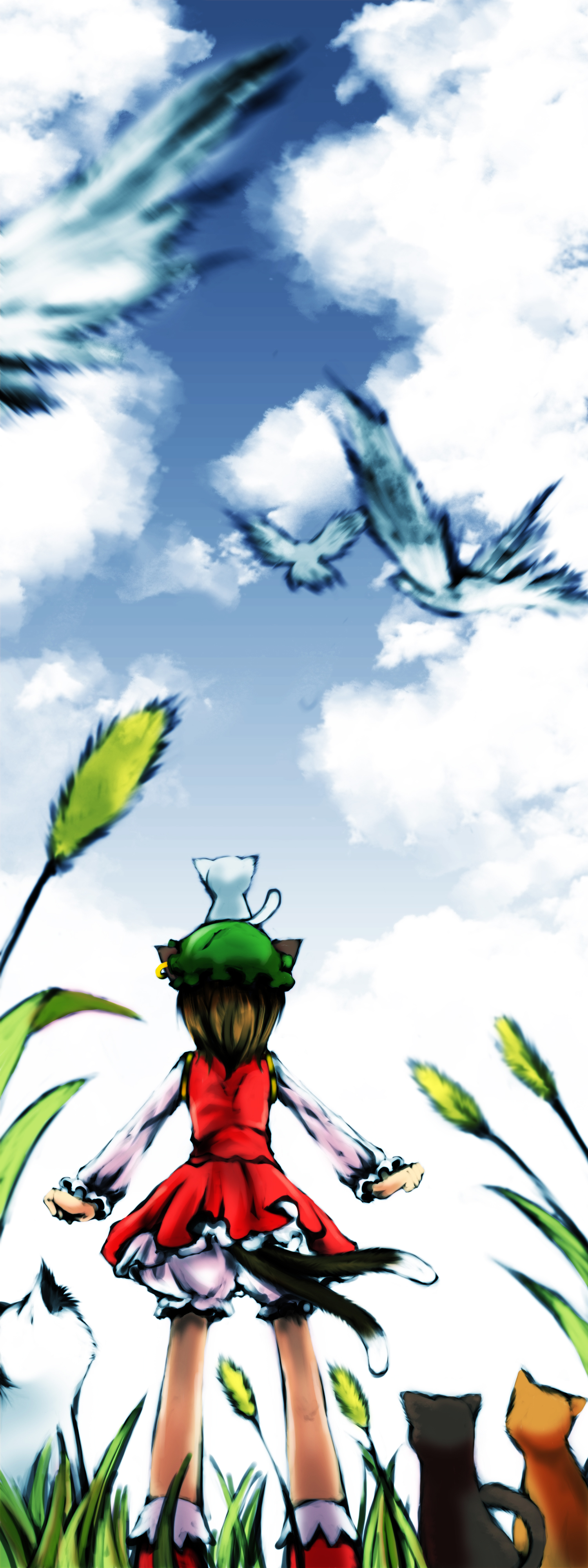 miandni, niandni, chen, touhou, absurdres, bad deviantart id, bad id, highres, long image, tall image, 1girl, animal, animal ears, animal on head, bird, bloomers, blurry, brown hair, cat, cat ears, cat on head, cat tail, depth of field, dress, earrings, female focus, hat, jewelry, on head, sky, solo, tail, underwear