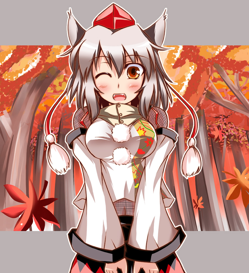 tokiniwa, inubashiri momiji, touhou, silver hair, 1girl, animal ears, breasts, brown eyes, detached sleeves, female focus, fishnets, forest, hat, large breasts, leaf, nature, navel, outdoors, short hair, solo, tokin hat, wink, wolf ears