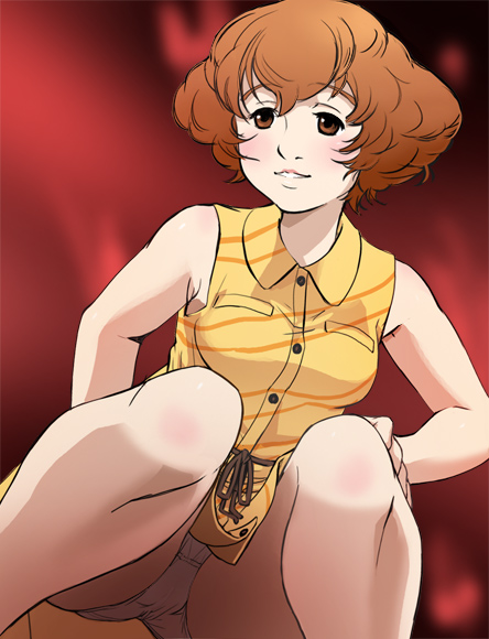 haruyama kazunori, rose sheedy, red garden, 00s, 1girl, brown eyes, brown hair, female focus, panties, pantyshot, short hair, sleeveless, solo, squatting, underwear, upskirt, white panties
