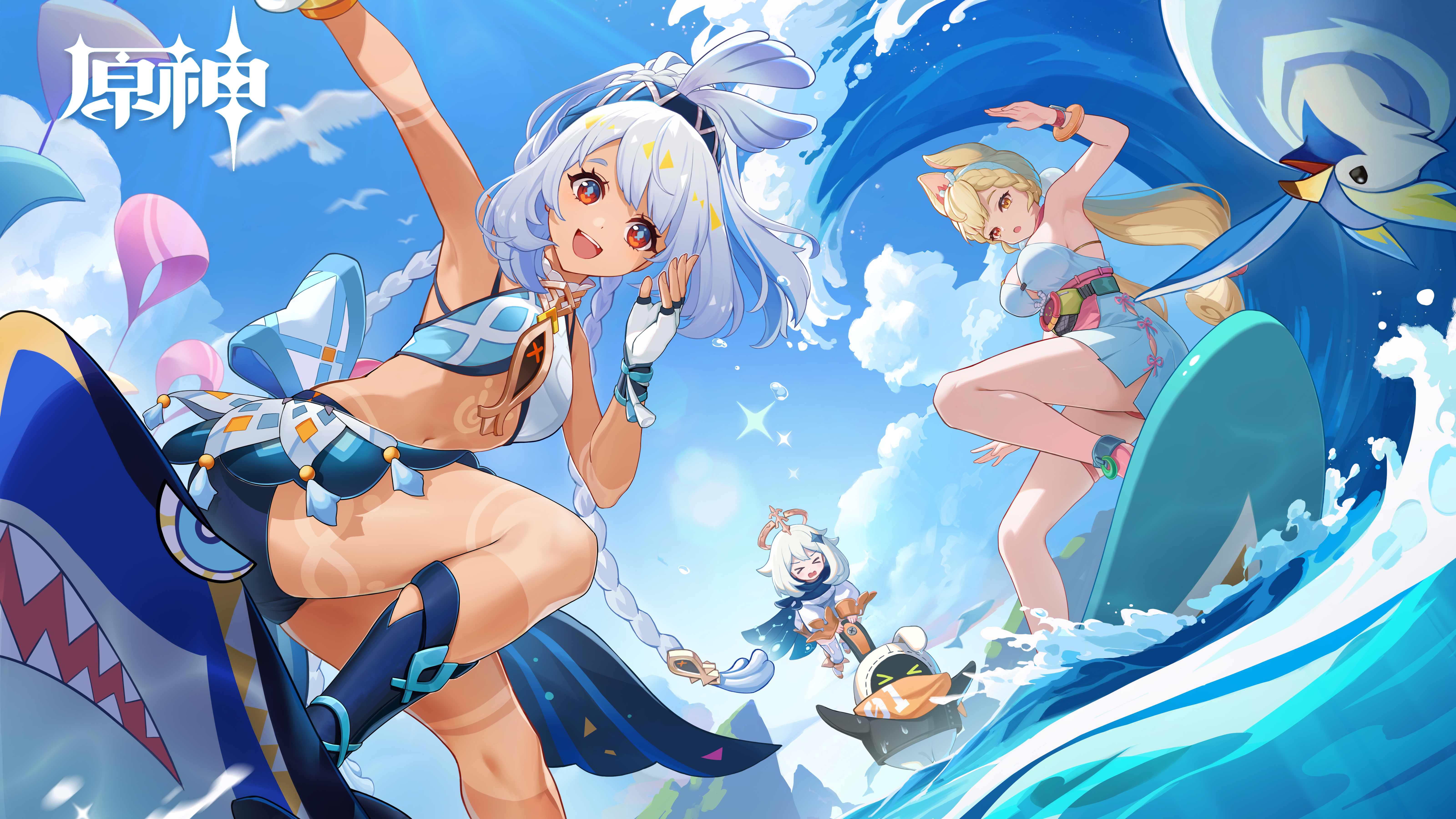kuangkuangti, alice thymefield, alice thymefield (sea of thyme), eous (zenless zone zero), mualani (genshin impact), paimon (genshin impact), genshin impact, mihoyo, zenless zone zero, absurdres, chinese commentary, commentary request, highres, > <, 3girls, :d, animal ears, bare shoulders, bird, blonde hair, blue sky, breasts, cloud, crossover, dark-skinned female, dark skin, day, fingerless gloves, gloves, large breasts, long braid, long hair, looking at viewer, multiple girls, navel, open mouth, rabbit ears, red eyes, sky, smile, stomach, thighs, very long hair, white gloves, white hair
