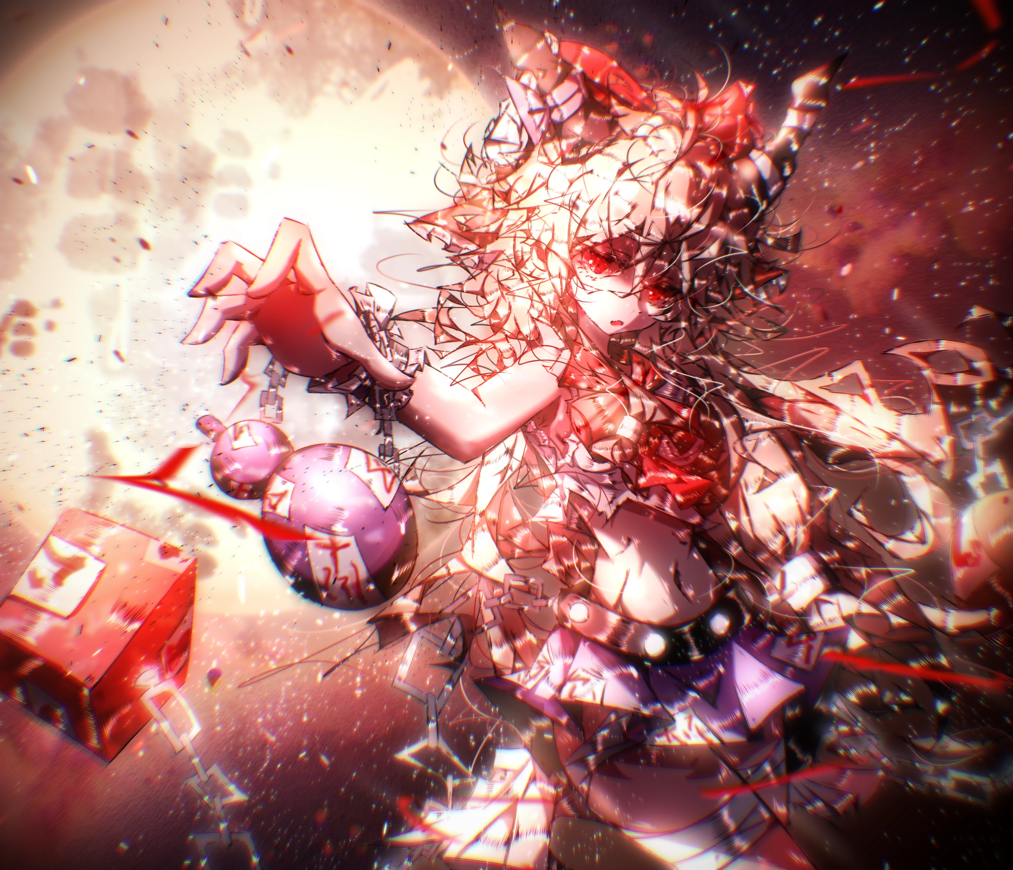 ibuki suika, touhou, absurdres, highres, 1girl, bandages, blonde hair, boxerrudy, chain, cuffs, debris, dynamic pose, full moon, glowing, gourd, horns, moon, navel, night, oni, red eyes, red ribbon, ribbon, shackles, solo, torn clothes