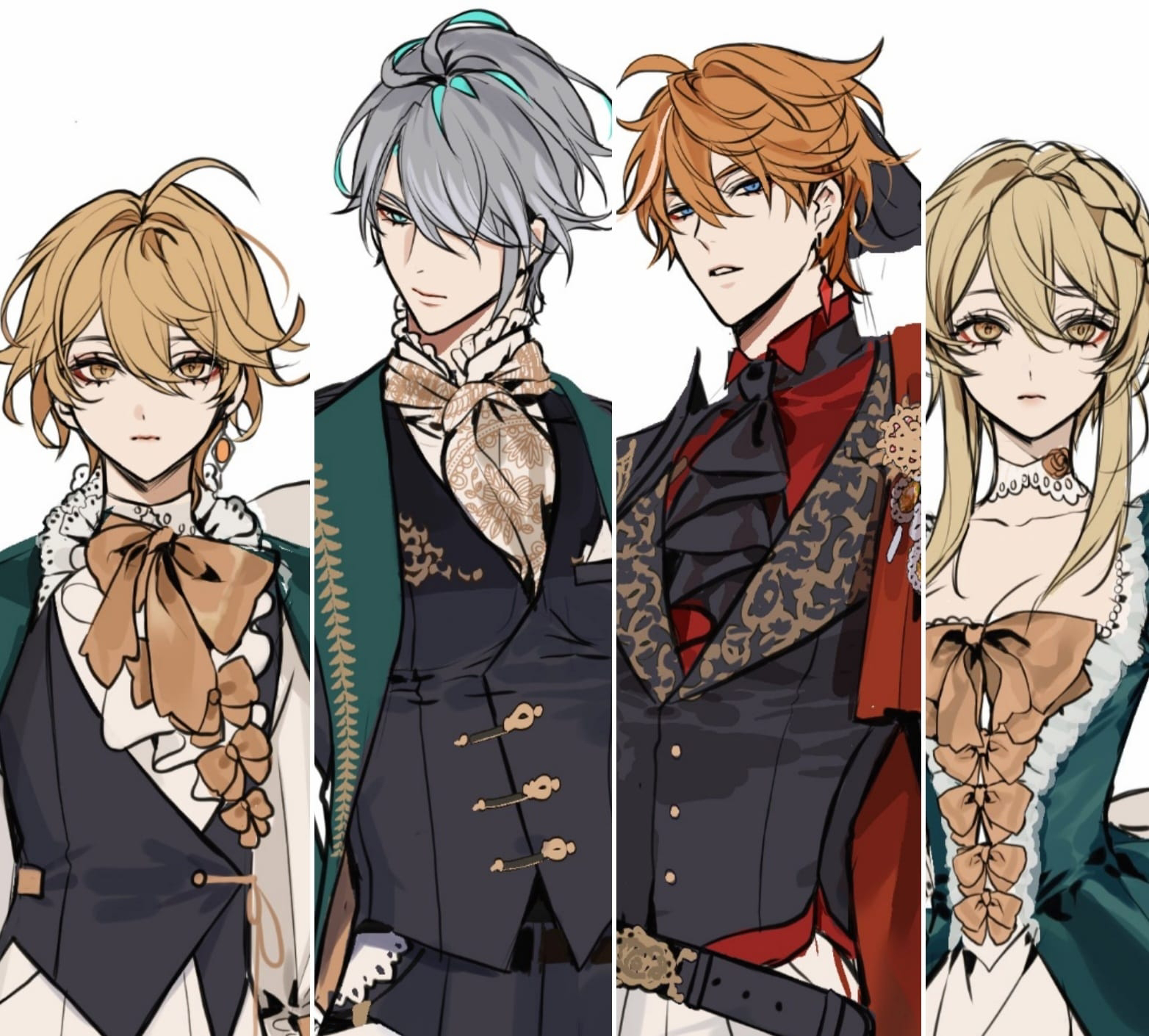 pnk crow, aether (genshin impact), alhaitham (genshin impact), lumine (genshin impact), tartaglia (genshin impact), genshin impact, highres, 1girl, 3boys, ahoge, alternate costume, arm up, ascot, belt, bishounen, black boots, blonde hair, blue eyes, boots, cassock, close-up, coat, dress, frilled dress, frills, gloves, gown, grey hair, hand on own hip, jacket, multicolored hair, multiple boys, orange hair, two-tone hair, white background, white gloves, yellow eyes