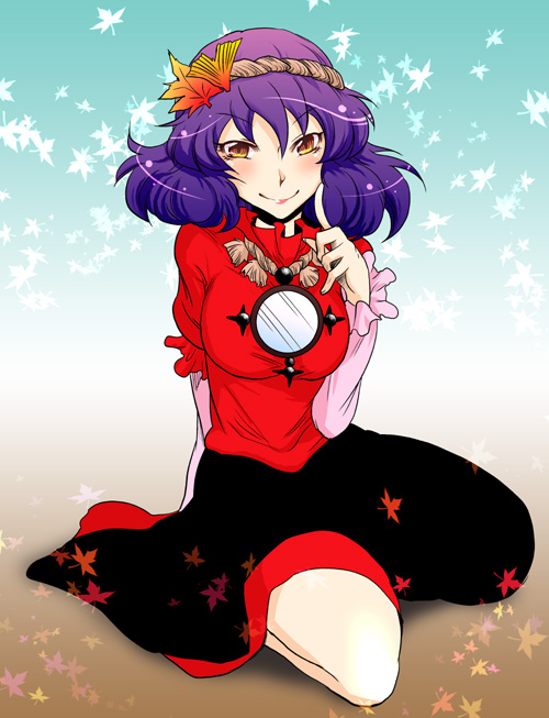 aku (dejigiga), yasaka kanako, touhou, bad id, bad pixiv id, 1girl, female focus, hair ornament, hairband, leaf hair ornament, mirror, purple hair, red eyes, short hair, solo