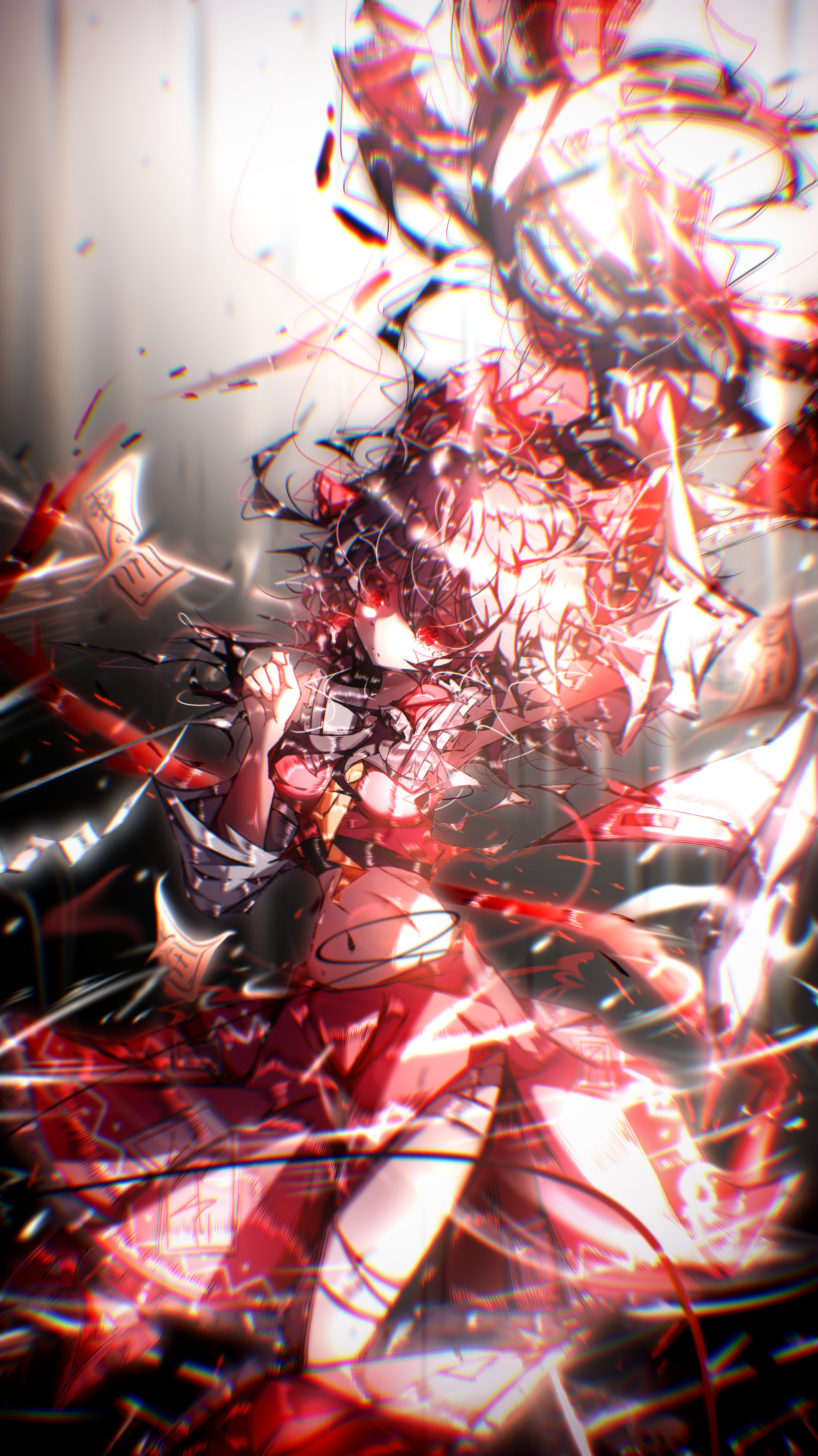 hakurei reimu, touhou, absurdres, highres, blurry, bow, boxerrudy, brown hair, detached sleeves, dress, dynamic pose, energy, glowing, glowing eyes, hair bow, japanese clothes, light particles, long hair, miko, motion blur, ofuda, red dress, red eyes, red theme, ribbon, solo, spell tag, white sleeves