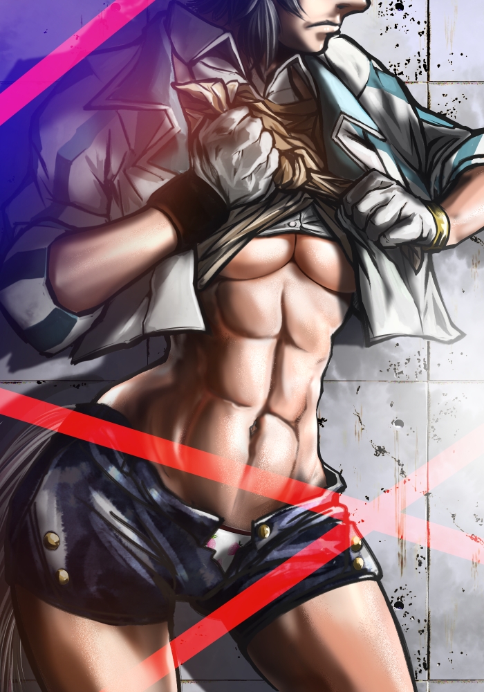 umayasu, mejiro ryan (down the line) (umamusume), mejiro ryan (umamusume), umamusume, commentary request, 1girl, abs, black hair, breasts, buttons, closed mouth, collared shirt, cowboy shot, cropped jacket, food print, fruit print, gloves, head out of frame, horse tail, jacket, large breasts, no bra, open clothes, open fly, open jacket, open shorts, panties, panty peek, print panties, shirt, shirt under shirt, short shorts, shorts, solo, stomach, strawberry panties, strawberry print, tail, tied shirt, toned, toned female, unbuttoned, underboob, underwear, white gloves, wing collar