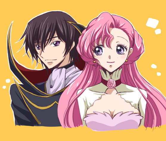 akina tsukako, euphemia li britannia, lelouch vi britannia, code geass, 00s, 1boy, 1girl, black hair, breasts, brother and sister, cleavage, donut hair bun, hair bun, medium breasts, pink hair, purple eyes, siblings