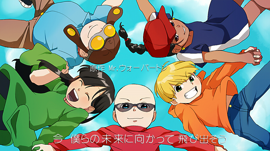 t k g, numbuh 1, numbuh 2, numbuh 3, numbuh 4, numbuh 5, codename: kids next door, commentary request, translation request, 2girls, 3boys, ^ ^, animification, bald, black hair, blue eyes, braid, brown eyes, closed eyes, dark skin, everyone, glasses, goggles, green eyes, grin, hat, holding hands, hood, hoodie, interlocked fingers, long hair, long sleeves, multiple boys, multiple girls, open mouth, parted lips, sky, sleeves past wrists, smile