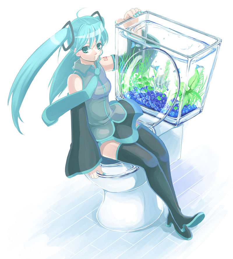 naomi (miette), naomi (pixiv563721), hatsune miku, vocaloid, bad id, bad pixiv id, 1girl, aqua eyes, aqua hair, aqua nails, aquarium, detached sleeves, female focus, long hair, nail polish, necktie, sitting, skirt, solo, thighhighs, toilet, twintails