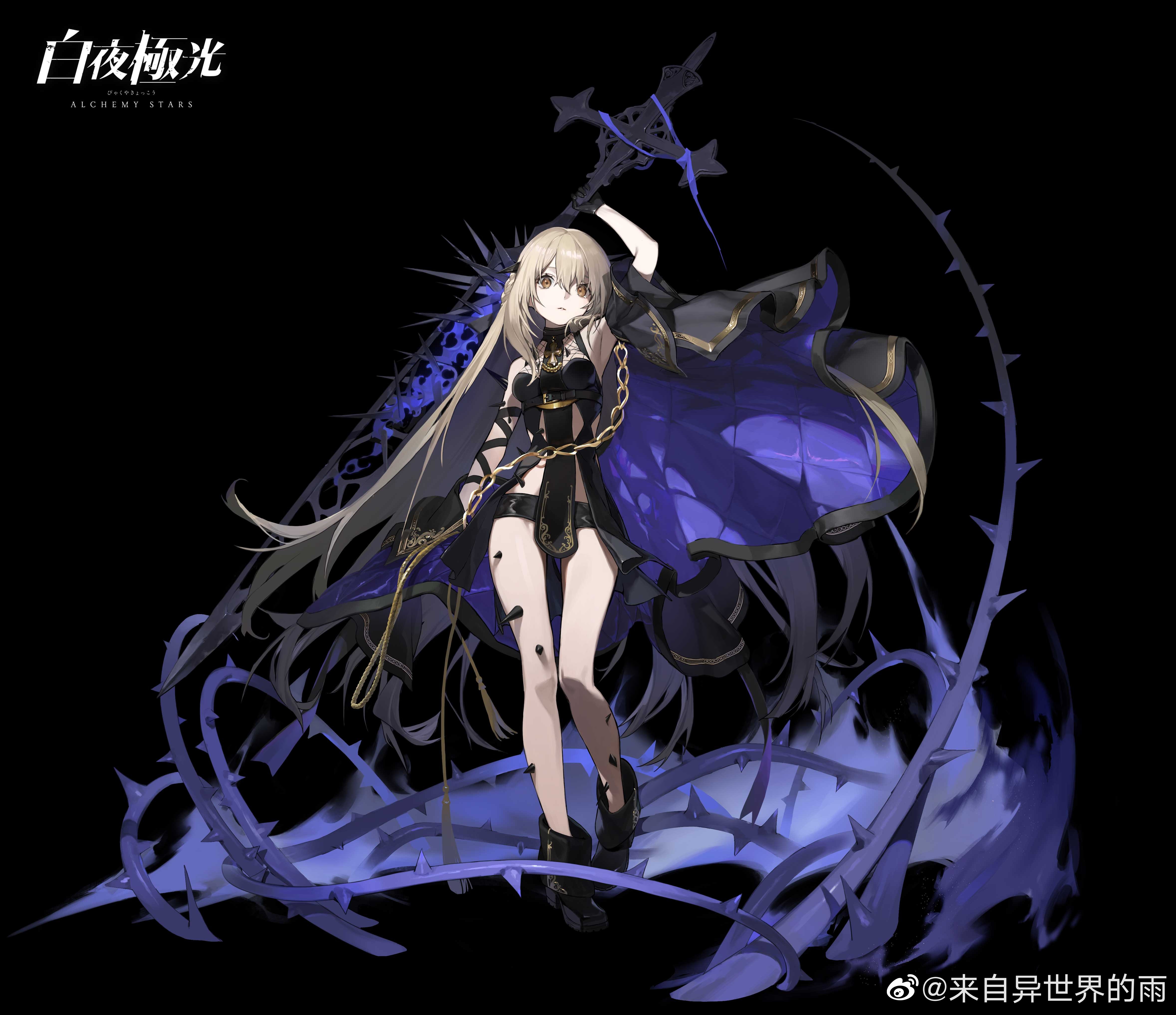 ame jang, areia (alchemy stars), alchemy stars, absurdres, chinese commentary, highres, official art, 1girl, aiguillette, ankle boots, arm at side, arm ribbon, arm up, armpits, bare shoulders, black background, black boots, black coat, black dress, black gloves, black ribbon, black shorts, blonde hair, boots, braid, breasts, brown eyes, chain, choker, coat, coat partially removed, copyright name, cross, cross choker, dress, fire, fishnet top, fishnets, flaming sword, flaming weapon, fold-over boots, full body, gloves, gold chain, greatsword, half up braid, holding, holding sword, holding weapon, long hair, looking at viewer, material growth, padded coat, parted lips, pelvic curtain, pigeon-toed, purple coat, ribbon, short-sleeved coat, short dress, short shorts, short sleeves, shorts, simple background, sleeveless, sleeveless dress, small breasts, solo, spikes, standing, straight-on, sword, thorns, very long hair, watermark, weapon, weibo watermark