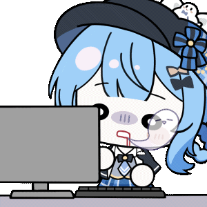 chunye haruya, tachibana sherry, mahou shoujo no majo saiban, animated, animated gif, artist collaboration, lowres, 1girl, black capelet, black hat, blue hair, braid, braided hair rings, capelet, chibi, chibi only, computer keyboard, drooling, giving up the ghost, hair rings, hat, monitor, mouth drool, nekoyashiki riri, no nose, o o, short hair, simple background, solo, transparent background, turn pale, typing, upper body