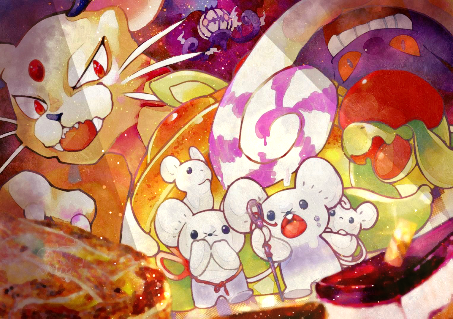 iroha nibi, appletun, chandelure, gengar, maushold, persian (pokemon), nintendo, pokemon, commentary request, apple pie, black eyes, cake, cake slice, fangs, food, gen 1 pokemon, gen 5 pokemon, gen 8 pokemon, holding, light particles, light rays, no humans, open mouth, pie, pokemon (creature), red eyes, red ribbon, ribbon, sunbeam, sunlight