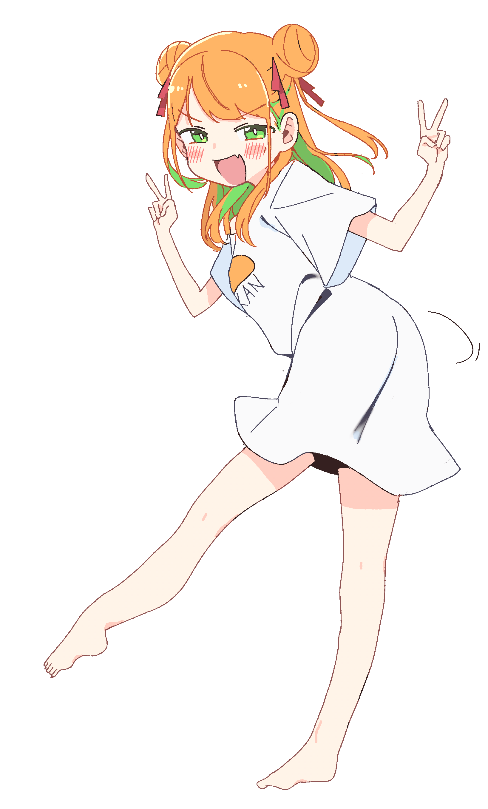 luke (dydansgur), tamura mikan, indie virtual youtuber, absurdres, highres, 1girl, :d, barefoot, blush, colored inner hair, double bun, double v, fang, full body, green eyes, green hair, hair bun, hair ribbon, long hair, long shirt, looking at viewer, multicolored hair, open mouth, orange hair, oversized clothes, oversized shirt, red ribbon, ribbon, shirt, short sleeves, simple background, smile, solo, standing, standing on one leg, two-tone hair, v, v-shaped eyebrows, white background, white shirt