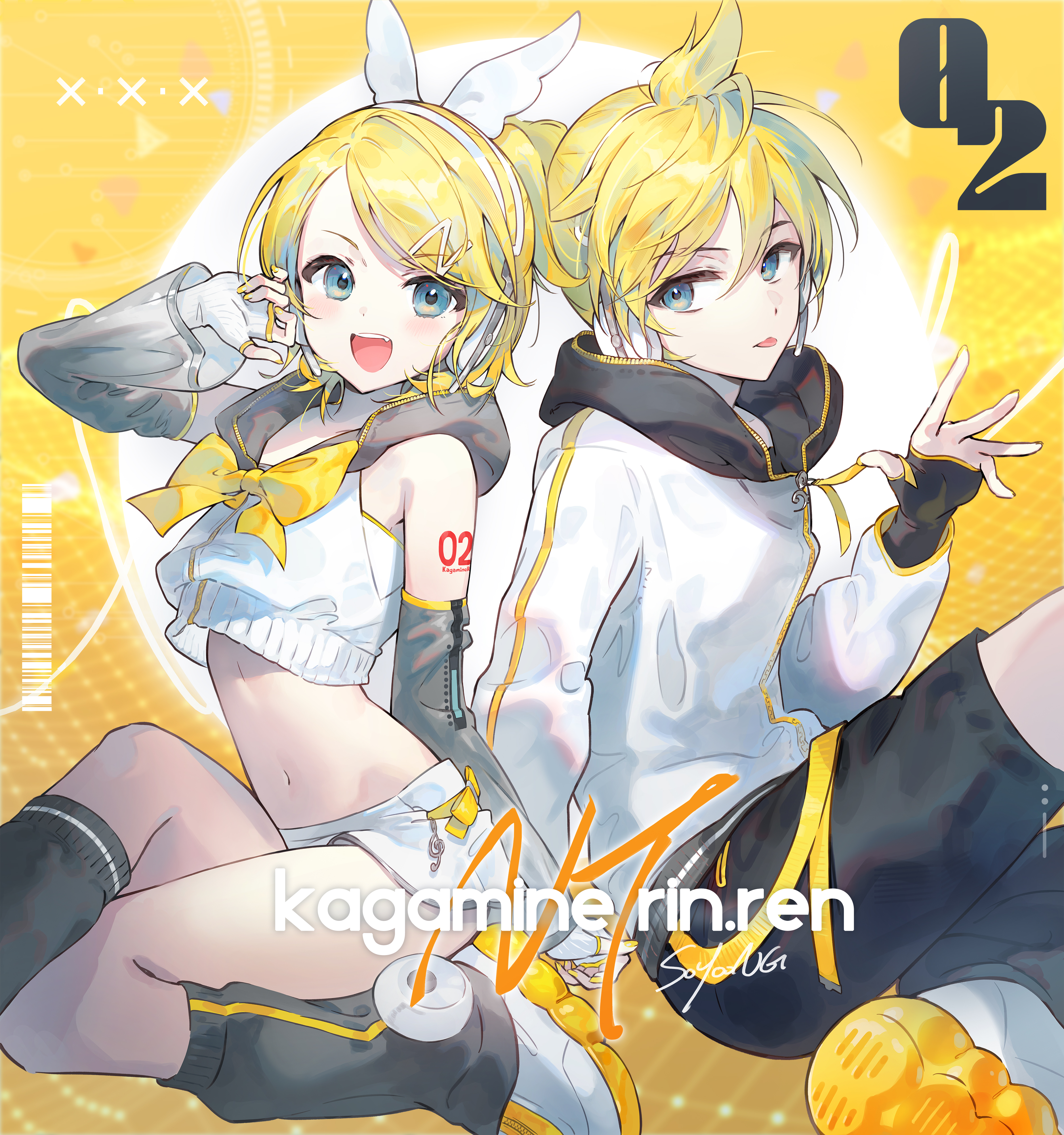 soyoong jun, kagamine len, kagamine len (nt), kagamine rin, kagamine rin (nt), piapro studio, vocaloid, absurdres, highres, 1boy, 1girl, bare shoulders, black shorts, black socks, blonde hair, blue eyes, bow, bowtie, brother and sister, crop top, crop top overhang, crossed legs, detached sleeves, fingerless gloves, gloves, hand up, headphones, hood, hood down, hooded shirt, kneehighs, long sleeves, looking at viewer, midriff, miniskirt, navel, open mouth, shirt, shoes, short hair, shorts, shoulder tattoo, siblings, skirt, sleeveless, sleeveless shirt, smile, socks, stomach, tattoo, thighs, tongue, tongue out, twins, white shirt, white shoes, white skirt, yellow background