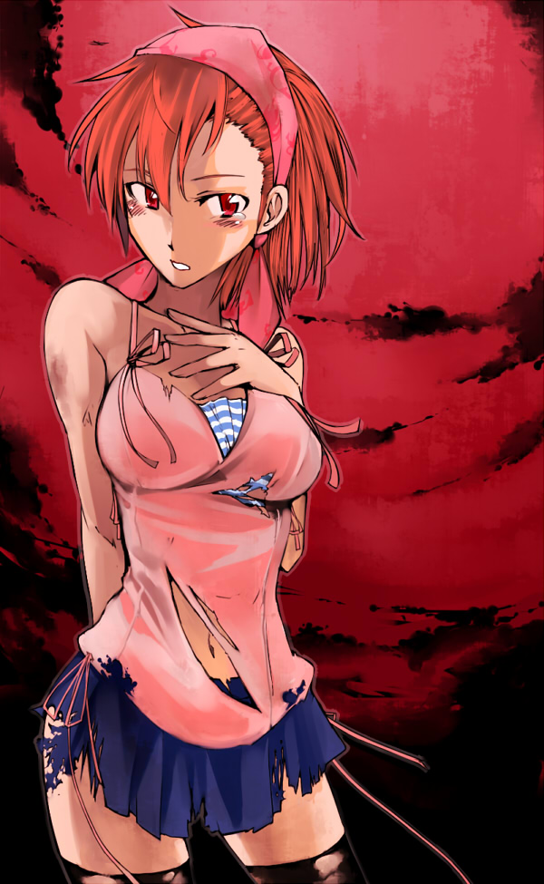 cosaten, tanigawa yuzu, devil survivor (series), devil survivor 1, 1girl, blush, bruise, female focus, hair held back, hairband, injury, navel, red eyes, red hair, short hair, skirt, solo, tears, thighhighs, torn clothes, torn thighhighs