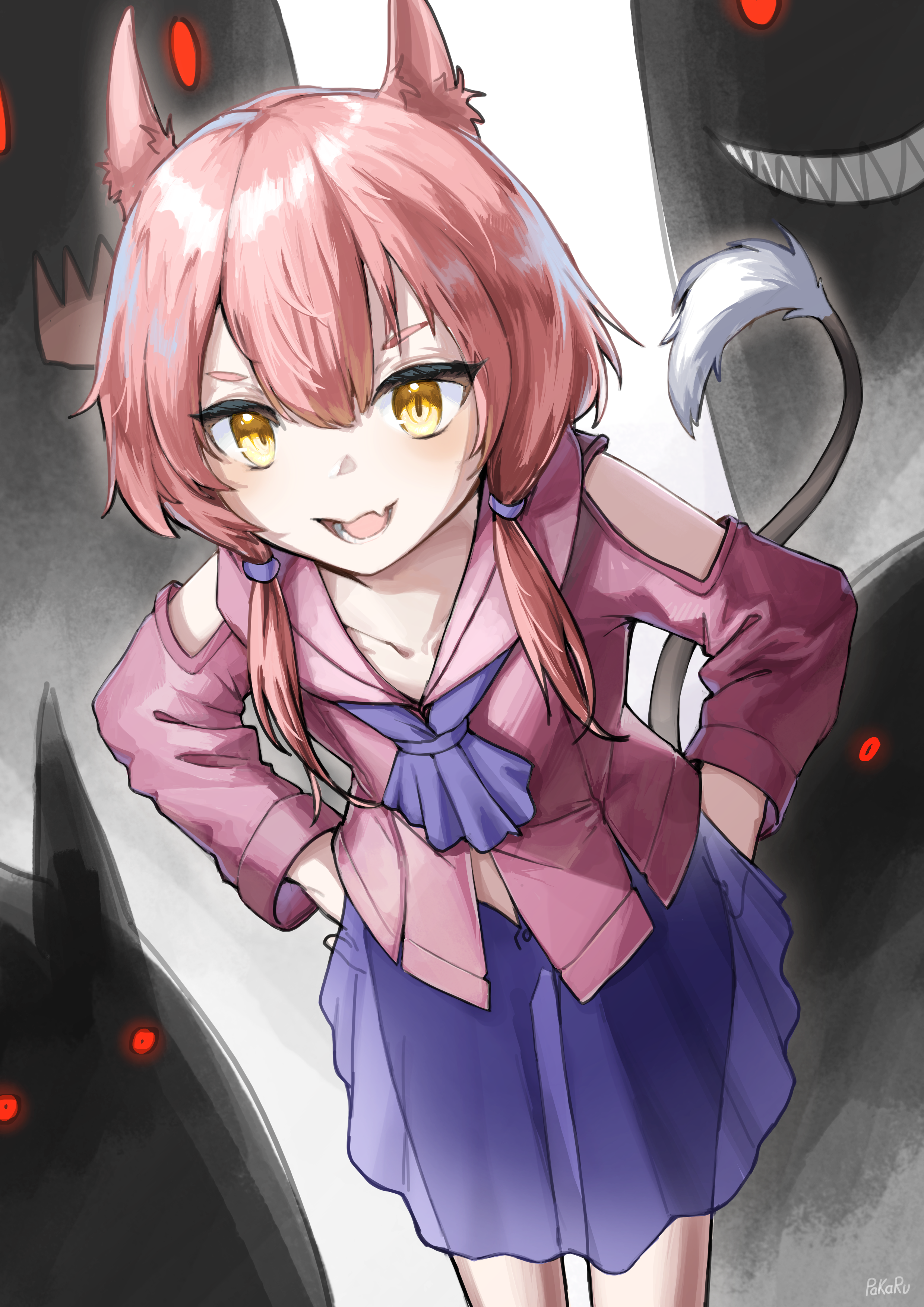 percal, teotoratta (orange juice), alicianrone, absurdres, highres, 100 orange juice, 1girl, animal ear fluff, animal ears, artist name, collarbone, fang, hands on own hips, leaning forward, long sleeves, low twintails, monster, open mouth, pink hair, pink shirt, purple skirt, red eyes, shirt, skin fang, skirt, smile, tail, twintails, yellow eyes
