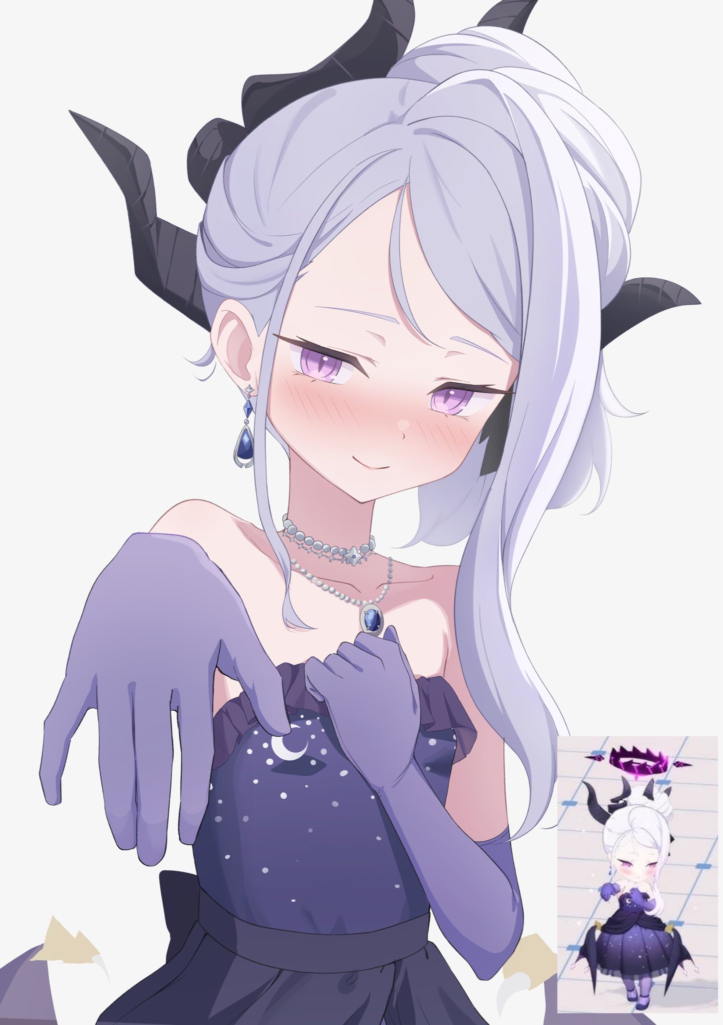 ponono desu, hina (blue archive), hina (dress) (blue archive), blue archive, commentary request, highres, 1girl, bare shoulders, black halo, blush, chibi, chibi inset, collarbone, crescent print, demon girl, demon horns, demon wings, dress, earrings, elbow gloves, evening gown, gloves, hair between eyes, halo, head tilt, horns, jewelry, long hair, looking at viewer, multicolored halo, necklace, official alternate costume, official alternate hairstyle, pearl necklace, pendant, ponytail, print dress, purple dress, purple eyes, purple gloves, reaching, reaching towards viewer, sidelocks, single earring, smile, solo, starry sky print, strapless, strapless dress, two-tone halo, upper body, wavy hair, white background, white hair, wings