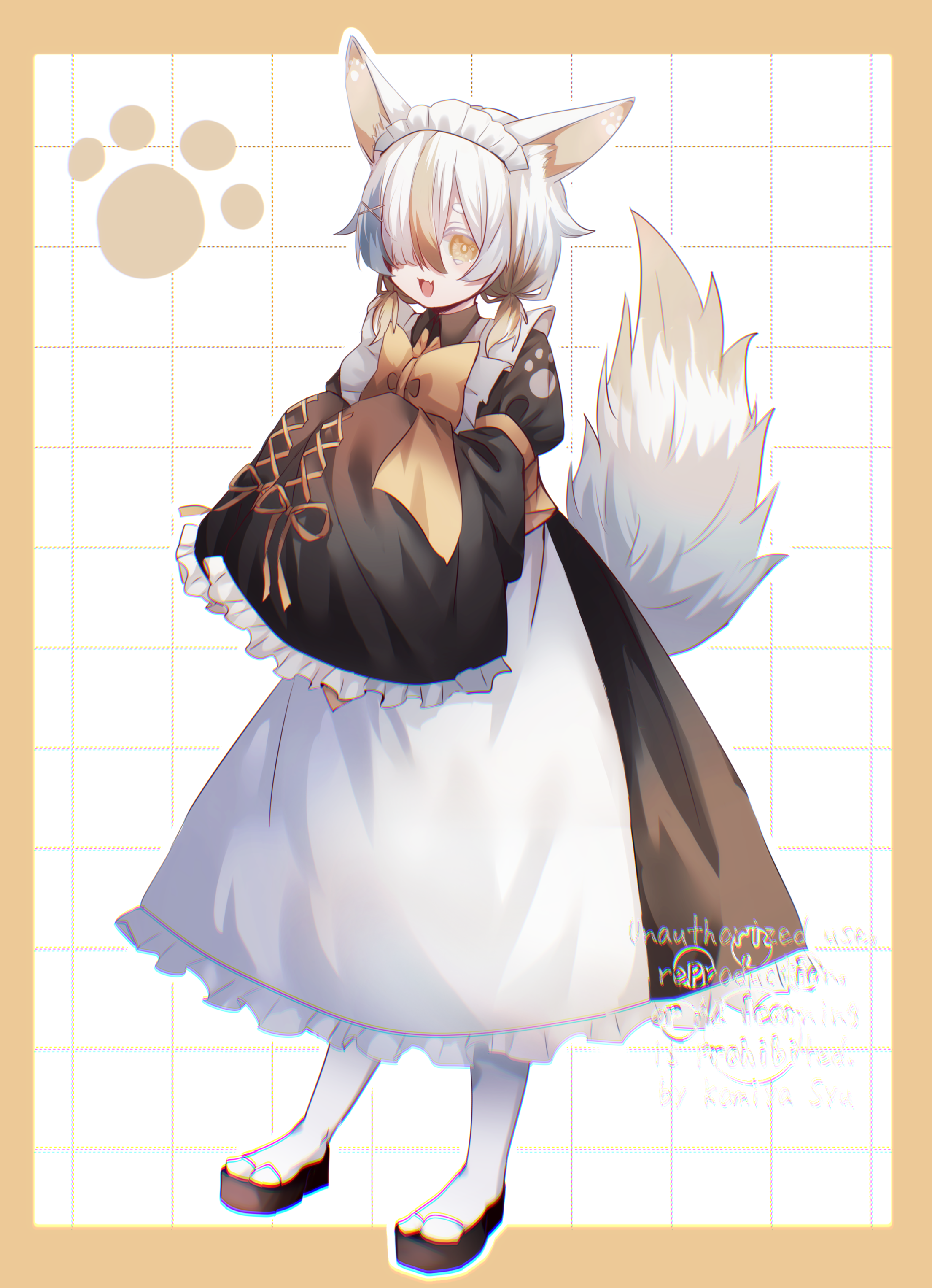 komiya shuu, original, absurdres, character request, highres, 1other, androgynous, animal ears, artist name, border, dress, fluffy, fox, fox ears, fox tail, frilled dress, frills, full body, hair over one eye, maid, maid headdress, multicolored hair, paw print, puffy sleeves, ribbon, solo, standing, streaked hair, tail, yellow border