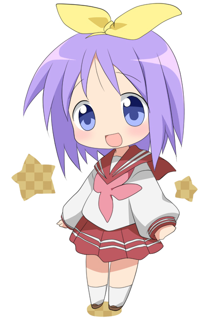 meiro (yuu), hiiragi tsukasa, lucky star, 00s, 1girl, chibi, female focus, hair ribbon, ribbon, solo