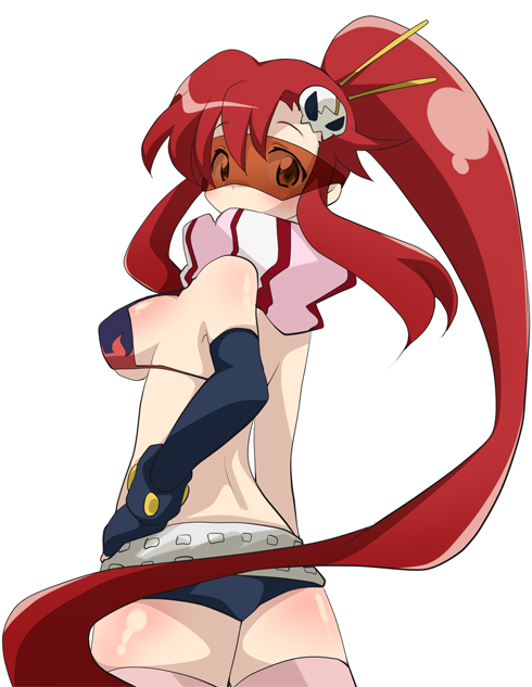 meiro (yuu), yoko littner, tengen toppa gurren lagann, visor, 00s, 1girl, ass, back, belt, bikini, bikini top only, breasts, female focus, fingerless gloves, flat ass, glasses, gloves, hair ornament, looking back, medium breasts, orange-tinted eyewear, orange-tinted glasses, pink thighhighs, ponytail, red hair, scarf, shorts, sideboob, solo, striped clothes, striped scarf, sunglasses, swimsuit, thighhighs, tinted eyewear