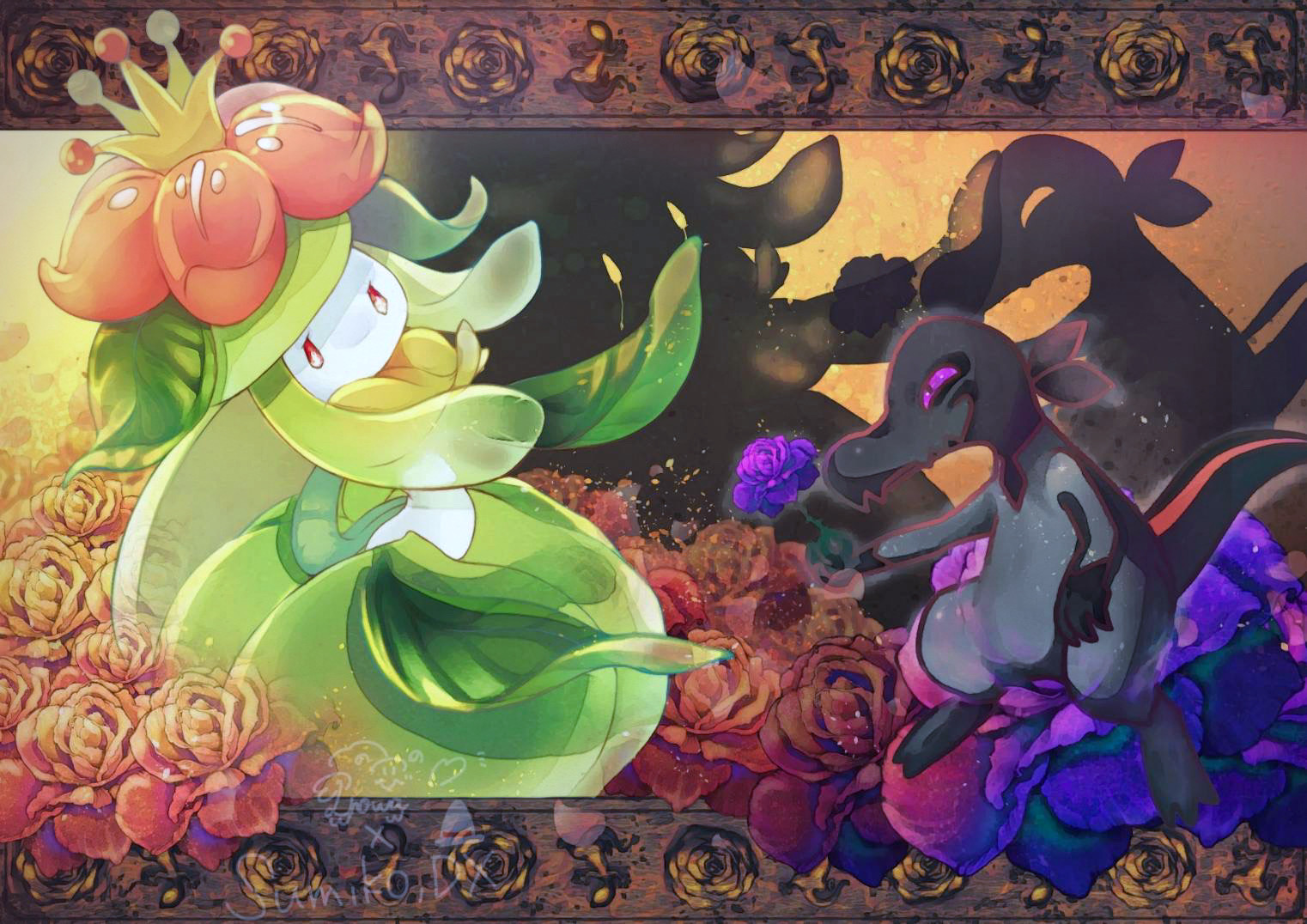 iroha nibi, lilligant, salandit, nintendo, pokemon, commentary request, flower request, closed mouth, flower, full body, gen 5 pokemon, gen 7 pokemon, holding, holding flower, letterboxed, light particles, no humans, pokemon (creature), purple eyes, red eyes, shadow
