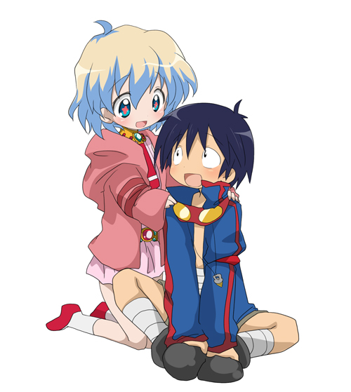 meiro (yuu), nia teppelin, simon (ttgl), tengen toppa gurren lagann, 00s, 1boy, 1girl, bandages, blue hair, chibi, dress, goggles, goggles around neck, jacket, multicolored hair, open mouth, pink dress, pink skirt, short hair, skirt