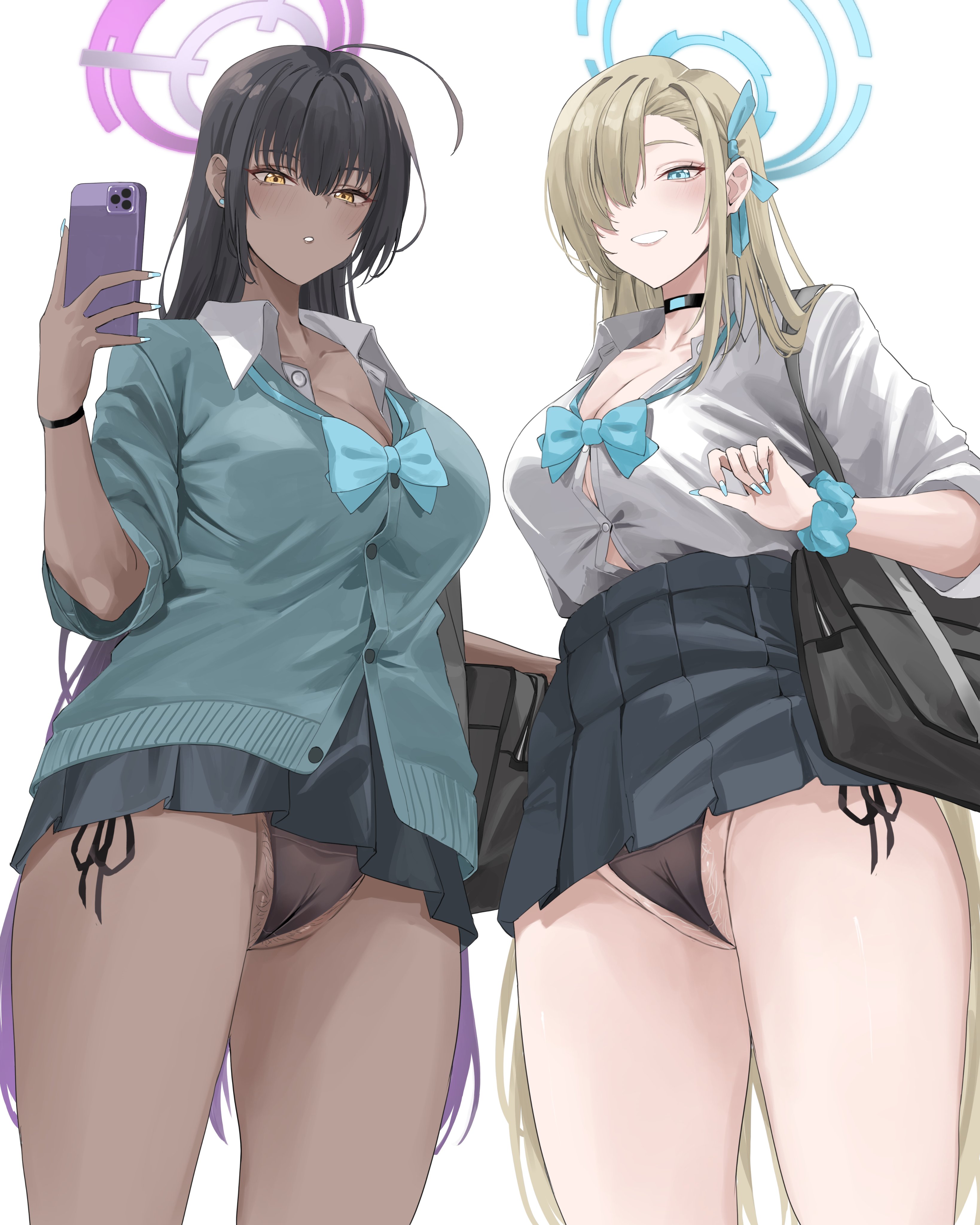 miz blank, asuna (blue archive), asuna (school uniform) (blue archive), karin (blue archive), karin (school uniform) (blue archive), blue archive, absurdres, commentary, highres, symbol-only commentary, aqua bow, aqua bowtie, bag, black hair, black skirt, blonde hair, blue cardigan, blue eyes, blue scrunchie, blue sweater, bow, bowtie, cameltoe, cardigan, cellphone, dark-skinned female, dark skin, female pubic hair, halo, loose bowtie, panties, phone, pleated skirt, pubic hair, purple halo, school bag, school uniform, scrunchie, side-tie panties, skirt, sweater, unbuttoned, unbuttoned shirt, underwear, yellow eyes