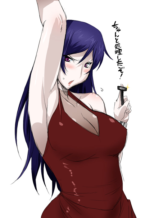 utamaro, tieria erde, gundam, gundam 00, translated, 00s, 1boy, arm up, armpits, blush, breasts, cleavage, dress, large breasts, long hair, male focus, pink eyes, purple hair, razor, red eyes, safety razor, shaving, shaving armpit, solo, trap