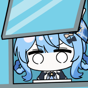 chunye haruya, tachibana sherry, mahou shoujo no majo saiban, animated, animated gif, artist collaboration, lowres, translation request, 1girl, black capelet, blue hair, braid, braided hair rings, capelet, chibi, chibi only, chinese text, hair rings, holding, holding sign, looking at viewer, nekoyashiki riri, no mouth, no nose, short hair, sign, solo, turn pale, upper body, white eyes, window