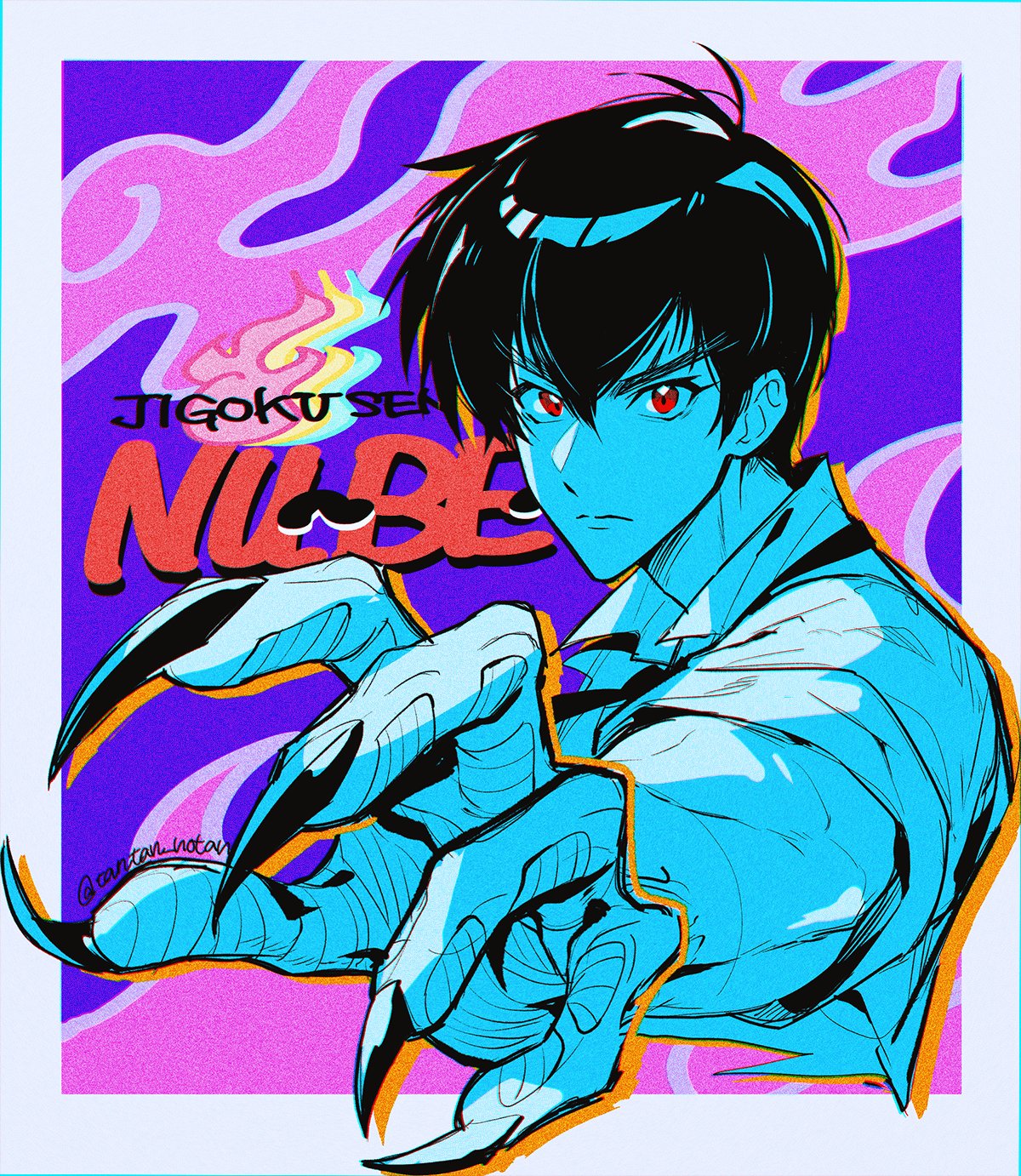 tantan notan, nueno meisuke, jigoku sensei nube, highres, 1boy, black hair, border, claws, closed mouth, collared shirt, copyright name, cropped torso, fire, foreshortening, hair between eyes, limited palette, male focus, necktie, outstretched arm, pink fire, red eyes, shirt, short hair, solo, v-shaped eyebrows, white border
