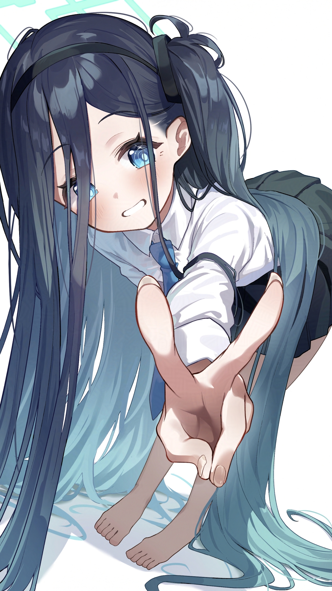 onakkasuita, aris (blue archive), blue archive, commentary request, highres, 1girl, absurdly long hair, barefoot, bent over, black hair, black hairband, black skirt, blue eyes, blue hair, blue necktie, blush, collared shirt, foreshortening, gradient hair, grin, hair between eyes, hairband, halo, long hair, long sleeves, looking at viewer, multicolored hair, necktie, one side up, pleated skirt, shirt, simple background, skirt, smile, solo, standing, toes, v, very long hair, white background, white shirt