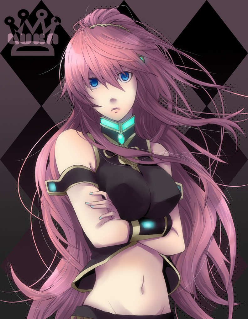 mogeratta, momoiro oji, megurine luka, vocaloid, 1girl, blue eyes, crossed arms, female focus, long hair, midriff, navel, pink hair, solo, standing