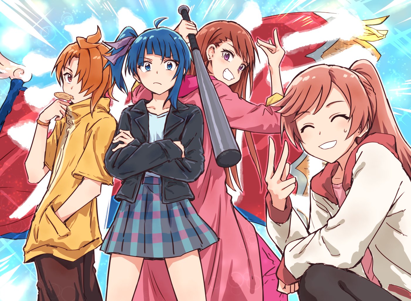 yukitake (xuserpost), nijigaoka mashiro, hirogaru sky! precure, precure, bad id, bad twitter id, commentary, inactive account, 1boy, 3girls, alternate costume, alternate hairstyle, baseball bat, black jacket, black pantyhose, black shorts, blue eyes, blue hair, blue shirt, blue skirt, blue sky, bracelet, brown hair, closed mouth, coat, crossed arms, cut bangs, day, earrings, emphasis lines, facing viewer, flag, food, food in mouth, fox shadow puppet, fringe trim, frown, grin, hair over one eye, hair ribbon, hand in pocket, holding, holding baseball bat, holding behind back, hood, hood down, hooded coat, jacket, jewelry, long hair, long sleeves, looking at viewer, medium hair, miniskirt, multiple girls, open clothes, open jacket, orange hair, outdoors, pants, pantyhose, pink coat, pink hair, pink pants, pink shirt, plaid clothes, plaid skirt, pleated skirt, ponytail, purple eyes, purple ribbon, ribbon, shirt, short hair, short sleeves, shorts, side ponytail, single sidelock, skirt, sky, smile, squatting, standing, stud earrings, sweatdrop, taiyaki, v, wagashi, white jacket, yellow shirt
