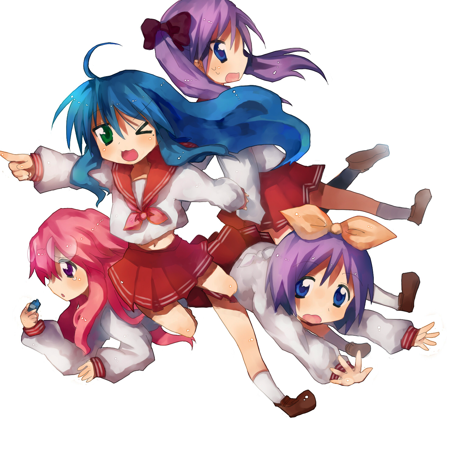 tsuchiya akira, hiiragi kagami, hiiragi tsukasa, izumi konata, takara miyuki, lucky star, bad id, bad pixiv id, highres, 00s, 4girls, ahoge, antenna hair, blue eyes, blue hair, blush, falling, glasses, long hair, mole, mole under eye, multiple girls, one eye closed, pink hair, purple eyes, purple hair, school uniform, serafuku, short hair, siblings, sisters, skirt, twins, twintails, wink