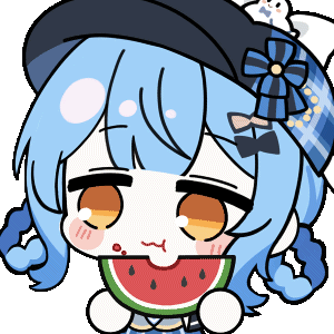 chunye haruya, tachibana sherry, mahou shoujo no majo saiban, animated, animated gif, artist collaboration, lowres, 1girl, black capelet, black hat, blue hair, blush stickers, braid, braided hair rings, capelet, chibi, chibi only, eating, food, fruit, hair rings, hat, holding, holding food, holding fruit, holding watermelon, looking at viewer, nekoyashiki riri, no nose, rayman limbs, short hair, simple background, solo, transparent background, upper body, watermelon, watermelon slice, yellow eyes