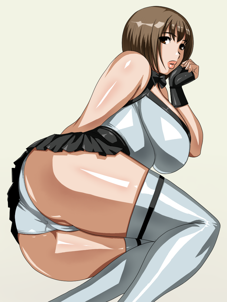 matoyama, 1girl, ass, bob cut, breasts, brown eyes, brown hair, female focus, fingerless gloves, gloves, huge ass, huge breasts, lips, lying, panties, pantyshot, shiny skin, short hair, skirt, solo, thick thighs, thighhighs, thighs, underwear, upskirt