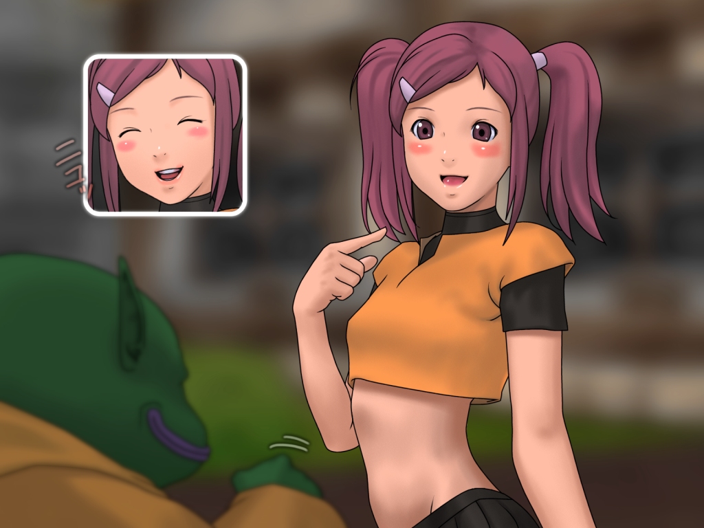 yoshino momiji, king trode, trode, dragon quest, dragon quest viii, jukan a no 6, square enix, character request, 1boy, 1girl, breasts, closed eyes, colored skin, flat chest, green skin, interspecies, midriff, monster, open mouth, pointy ears, purple eyes, purple hair, small breasts, twintails