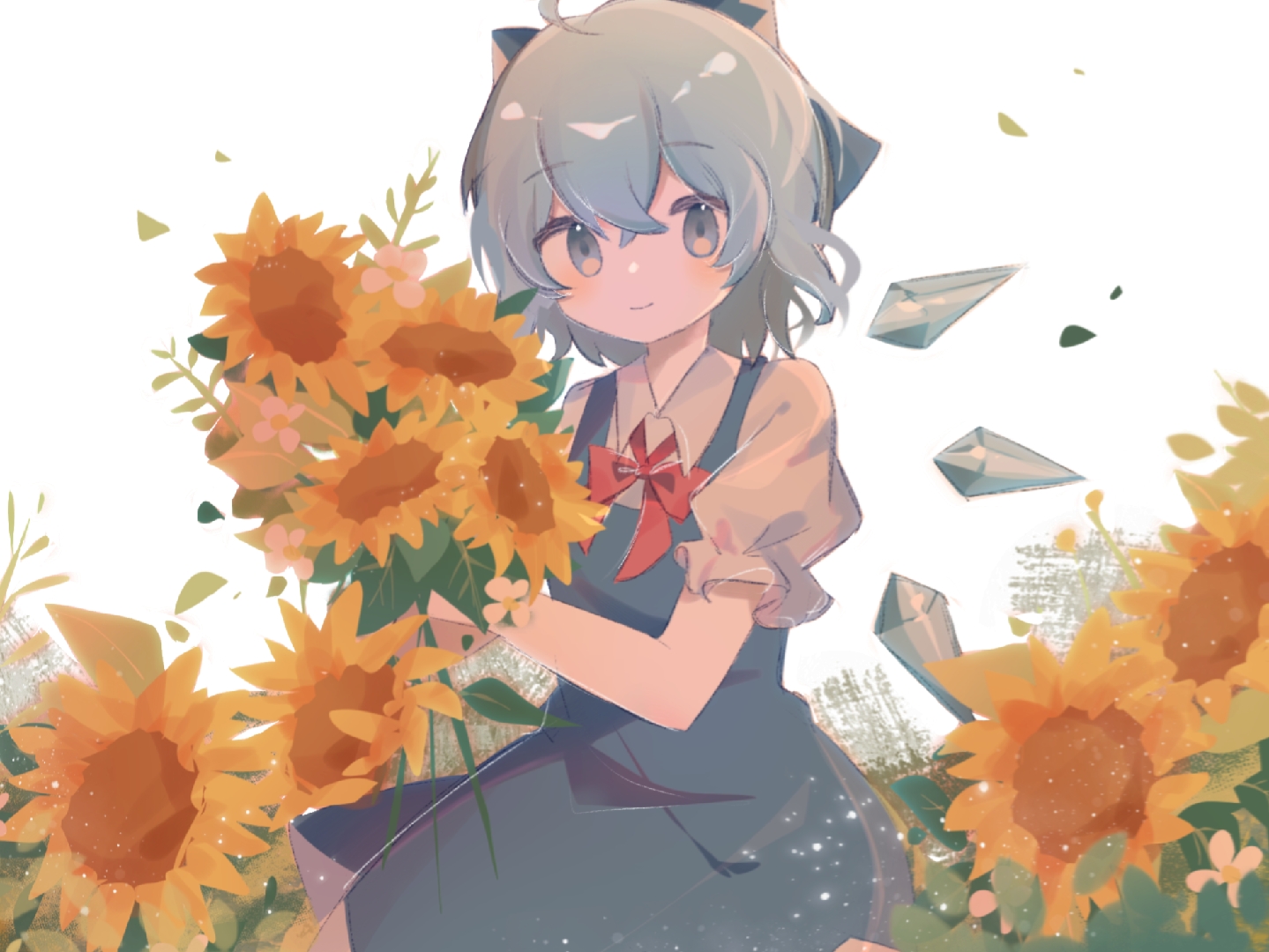 cirno, touhou, 1girl, blue bow, blue dress, blue eyes, blue hair, bouquet, bow, bowtie, crystal wings, dress, field, flower, holding, holding flower, misakiii, nature, outdoors, pinafore dress, red bow, red bowtie, shirt, short hair, short sleeves, sitting, sleeveless, sleeveless dress, smile, solo, summer, sunflower, white shirt, wings