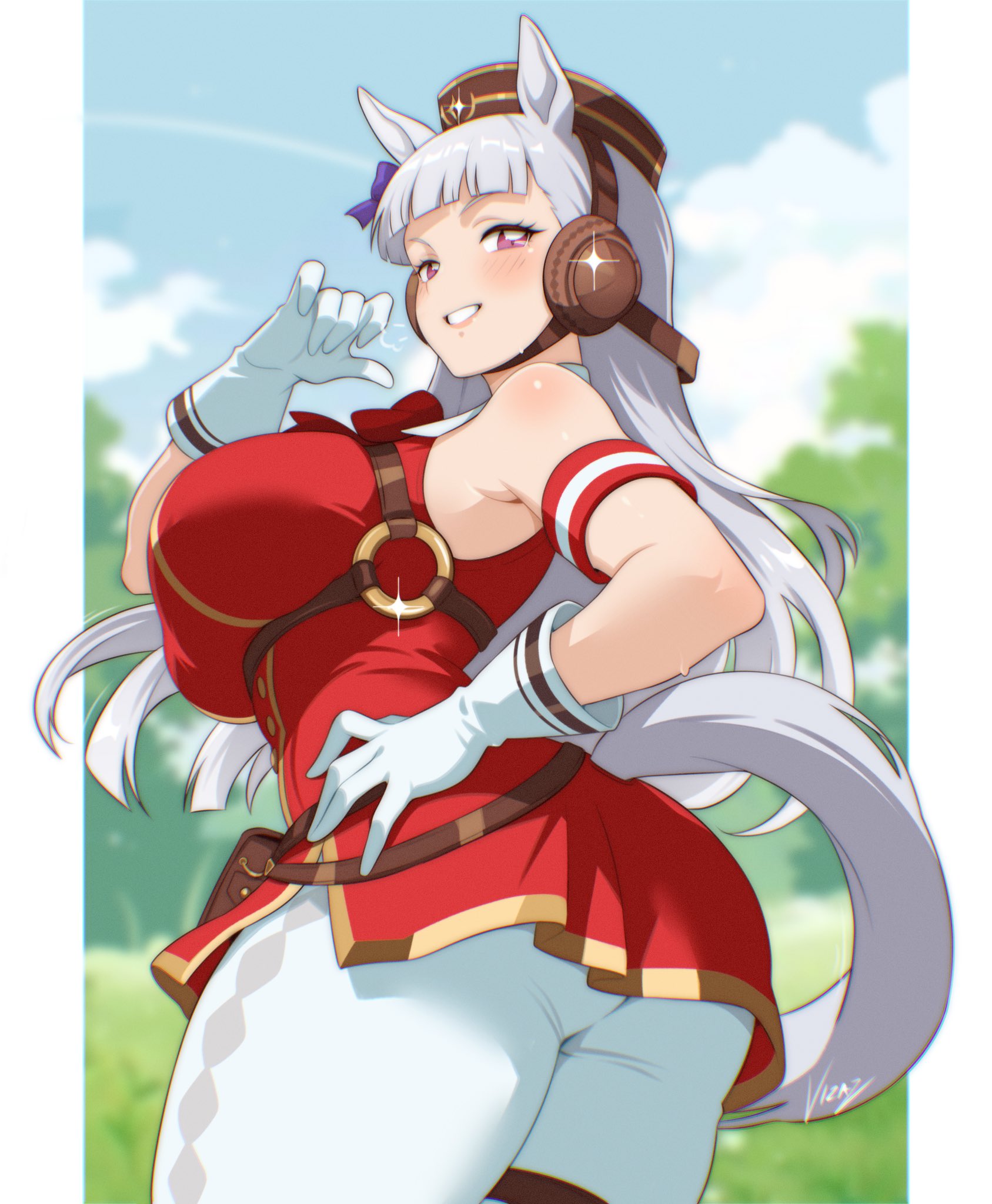 vizaz, gold ship (red strife) (umamusume), gold ship (umamusume), umamusume, hashtag-only commentary, highres, 1girl, animal ears, armband, bare shoulders, belt, blue sky, blunt bangs, border, breasts, brown belt, brown hat, cowboy shot, day, dress, field, from behind, gloves, grey hair, grey tail, grin, hair ornament, hand on own hip, hand up, hat, horse ears, horse girl, horse tail, large breasts, leggings, long hair, looking at viewer, looking back, outdoors, outside border, pillarboxed, pillbox hat, purple eyes, red armband, red dress, sky, sleeveless, sleeveless dress, smile, solo, tail, white border, white gloves, white leggings