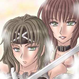hanna (suikoden), oulan (suikoden), gensou suikoden, gensou suikoden ii, hazel eyes, lowres, non-web source, 2girls, brown hair, choker, green eyes, multiple girls, muscular, muscular female, red hair, sword, weapon