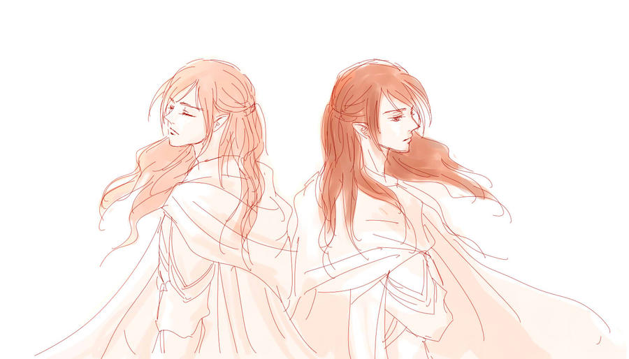mintkim, amras, amrod, the silmarillion, tolkien's legendarium, 1boy, brothers, cape, closed eyes, closed mouth, elf, floating hair, male focus, pointy ears, siblings, simple background, solo, twins, upper body, white background