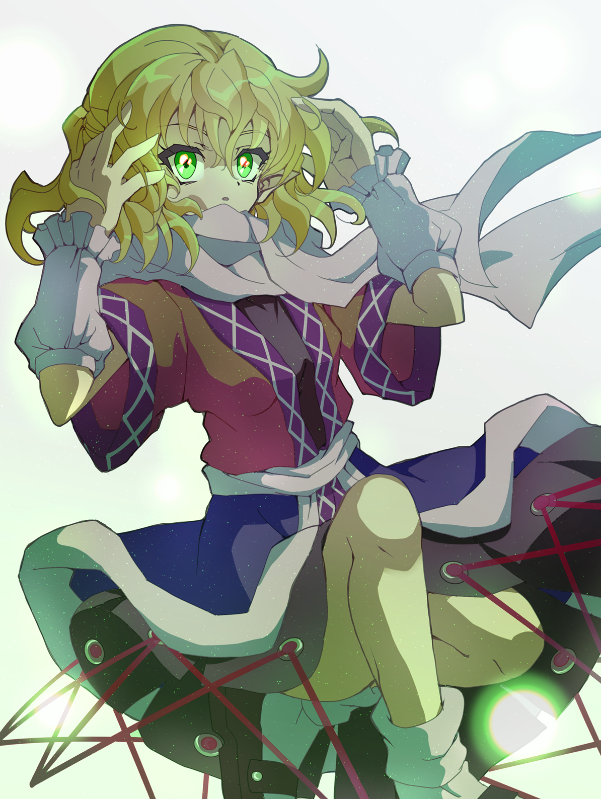 mizuhashi parsee, touhou, commentary request, highres, 1girl, arm warmers, black shirt, black shoes, black skirt, blonde hair, brown shirt, expressionless, full body, green eyes, half updo, hands up, looking at viewer, loose socks, mary janes, medium hair, na cat1111, open mouth, pointy ears, sash, scarf, shirt, shoes, short sleeves, simple background, skirt, socks, solo, undershirt, white background, white sash, white scarf, white socks
