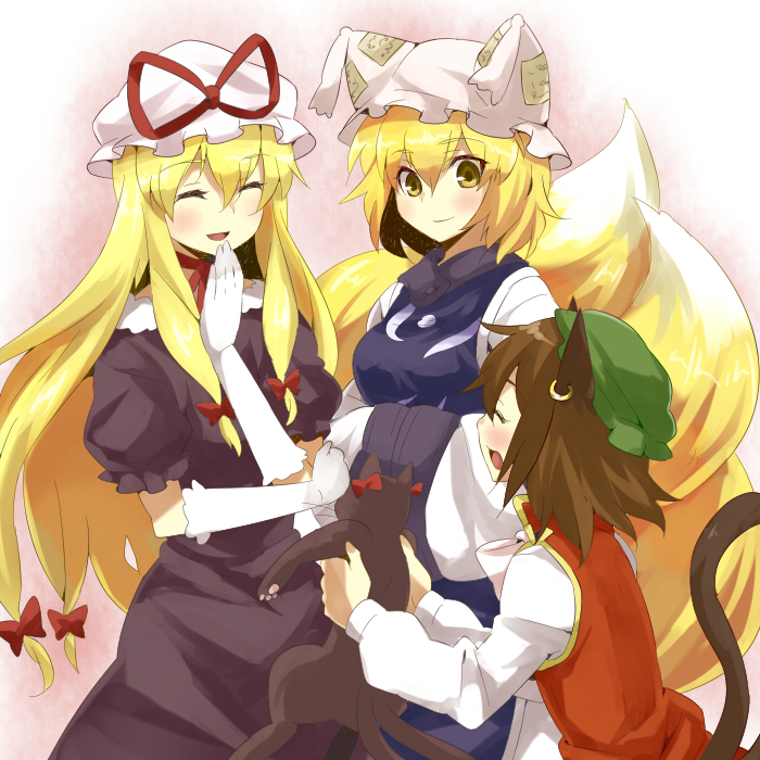 kiji (manekinuko-tei), chen, kaenbyou rin, kaenbyou rin (cat), yakumo ran, yakumo yukari, touhou, 3girls, animal ears, animal hat, blonde hair, brown hair, cat, cat ears, cat tail, earrings, female focus, fox tail, gloves, hands in opposite sleeves, hat, jewelry, long hair, long sleeves, mob cap, multiple girls, short hair, tail, tassel, white gloves, wide sleeves, yellow eyes