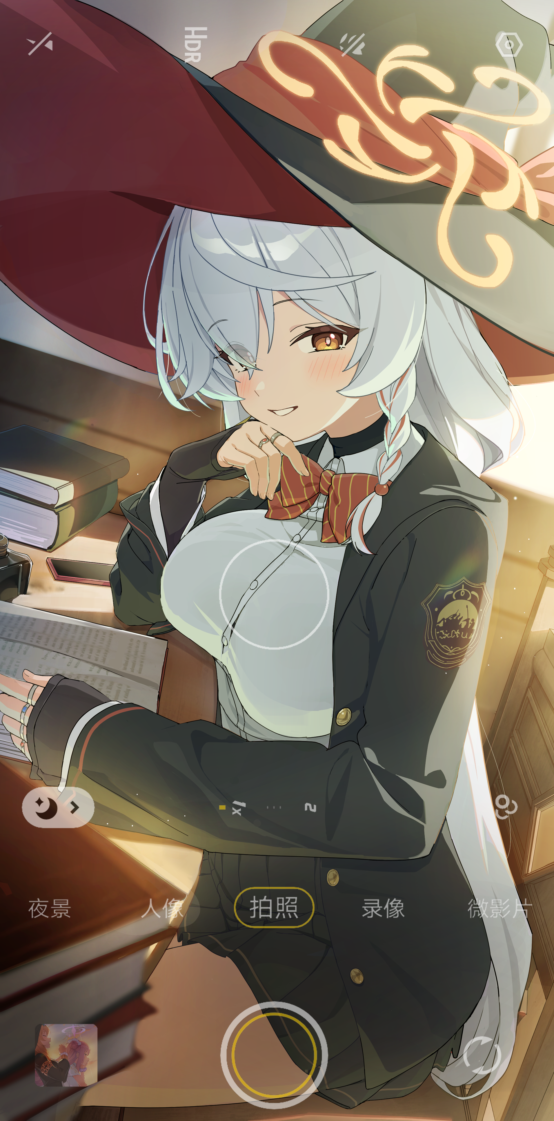 xubai, eri (blue archive), mari (blue archive), mika (blue archive), blue archive, absurdres, chinese commentary, commentary request, highres, 3girls, arm up, black coat, black dress, black hat, black shirt, black skirt, book, bow, bowtie, bra visible through clothes, braid, breasts, button gap, cameo, chair, coat, collared shirt, dress, dress shirt, eyes visible through hair, fake phone screenshot, fake screenshot, feet out of frame, from side, hair between eyes, hair bun, halo, hand on own chin, hat, holding, holding book, jewelry, large breasts, long hair, long sleeves, looking at viewer, miniskirt, multicolored hair, multiple girls, nun, on chair, open book, open clothes, open coat, open mouth, orange eyes, orange hair, phone, pink hair, pink halo, pleated skirt, praying, red hair, red hat, ring, school uniform, shirt, shirt tucked in, side halo, sitting, skirt, smile, solo, sunlight, table, thick thighs, thighs, undershirt, very long hair, viewfinder, white dress, white hair, white shirt, wild hunt academy of arts logo, witch, witch hat