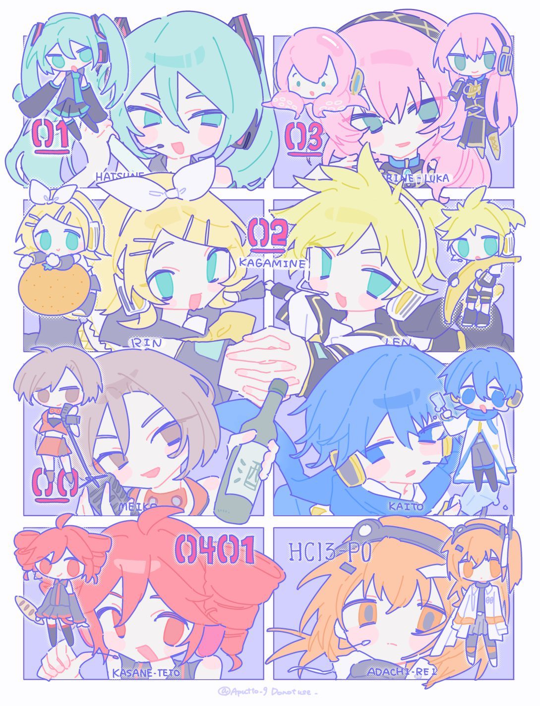 apu (aputto 9), adachi rei, hatsune miku, kagamine len, kagamine rin, kaito (vocaloid), kasane teto, kasane teto (utau), megurine luka, meiko (vocaloid), takoluka, a.i. voice, utau, vocaloid, highres, 2boys, 6+girls, :d, ahoge, aqua eyes, aqua hair, bare shoulders, black hairband, black sailor collar, black shirt, black sleeves, black sweater, blonde hair, blue eyes, blue hair, blue scarf, border, bow, bow hairband, bowtie, brown eyes, brown hair, character name, chibi, chibi inset, closed mouth, collared shirt, detached sleeves, double-parted bangs, drawstring, drill hair, food, grey sailor collar, grey shirt, grey sleeves, hair between eyes, hair ornament, hair ribbon, hairband, hand up, headphones, headset, high ponytail, holding, holding food, holding hands, holding microphone stand, holding spring onion, holding vegetable, interlocked fingers, jacket, looking at viewer, microphone stand, multiple boys, multiple girls, no pupils, one side up, open clothes, open jacket, open mouth, orange eyes, orange hair, outside border, pink hair, pointing, pointing at self, pointing with thumb, ponytail, portrait, red eyes, red hair, ribbon, sailor collar, scarf, shirt, short ponytail, short sleeves, simple background, sleeveless, sleeveless shirt, smile, spring onion, sweater, turtleneck, turtleneck sweater, twin drills, twitter username, vegetable, white border, white hairband, white jacket, white ribbon, white shirt, yellow bow, yellow bowtie