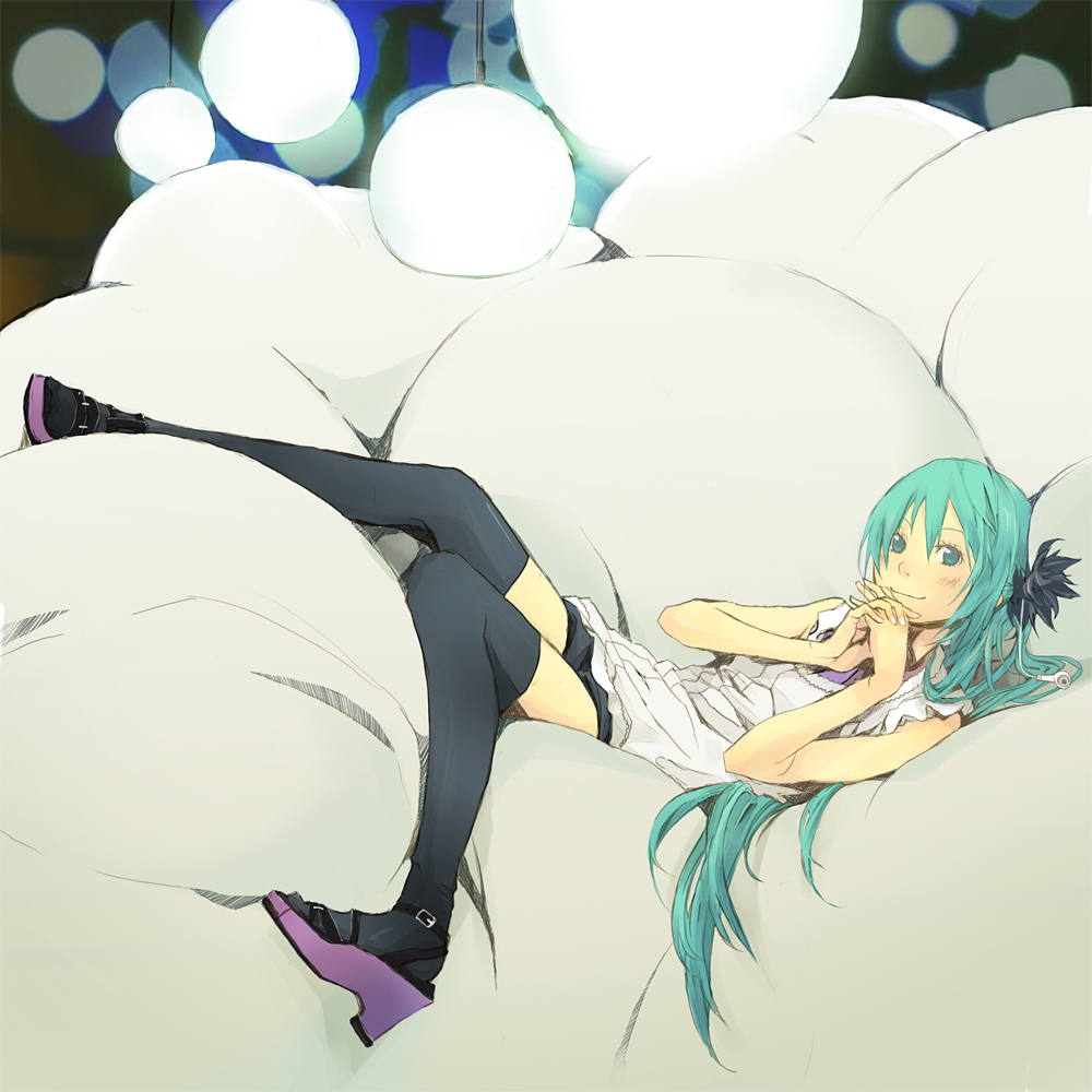 yoshito, hatsune miku, vocaloid, world is mine (vocaloid), bad id, bad pixiv id, black feathers, black thighhighs, blouse, blue eyes, blue hair, blush, feather hair ornament, feathers, hair down, hair ornament, interlocked fingers, long hair, lying, own hands together, pillow, purple sandals, sandals, shirt, smile, solo, thighhighs, white shirt